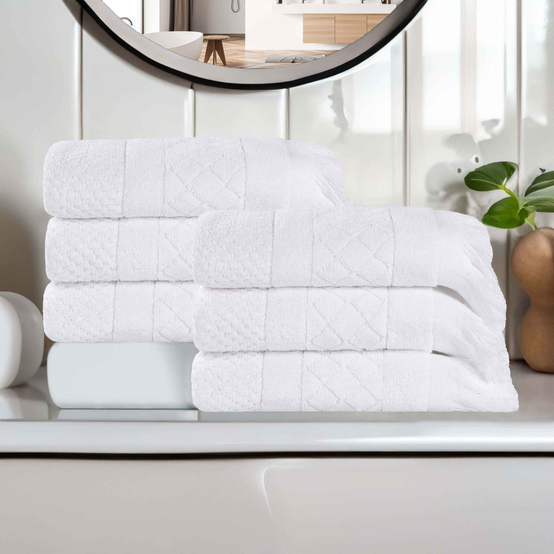 Rolla Cotton Geometric Jacquard Plush Absorbent Hand Towel - White