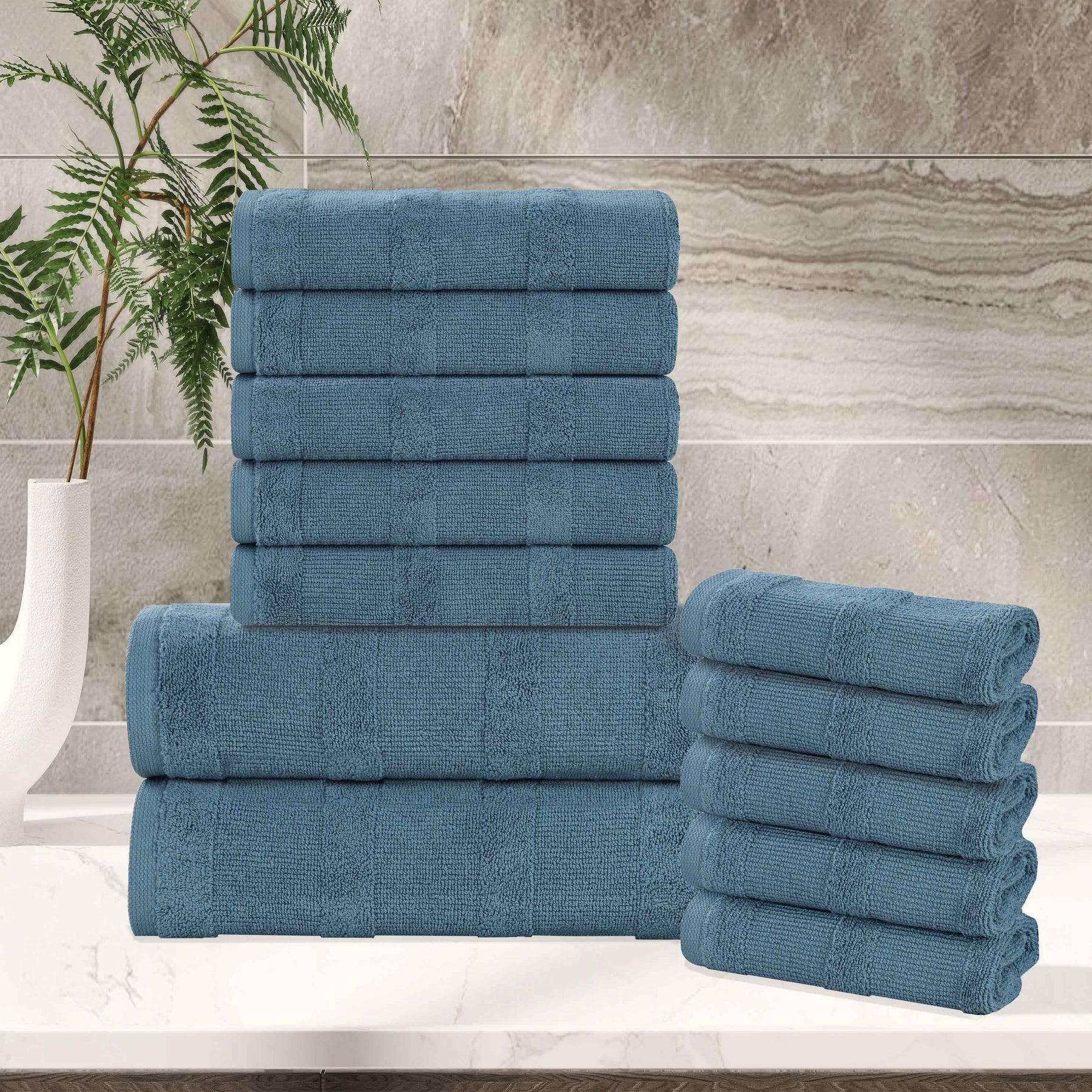 Roma Cotton Ribbed Textured Soft Absorbent 12 Piece Assorted Towel Set - Deep Blue