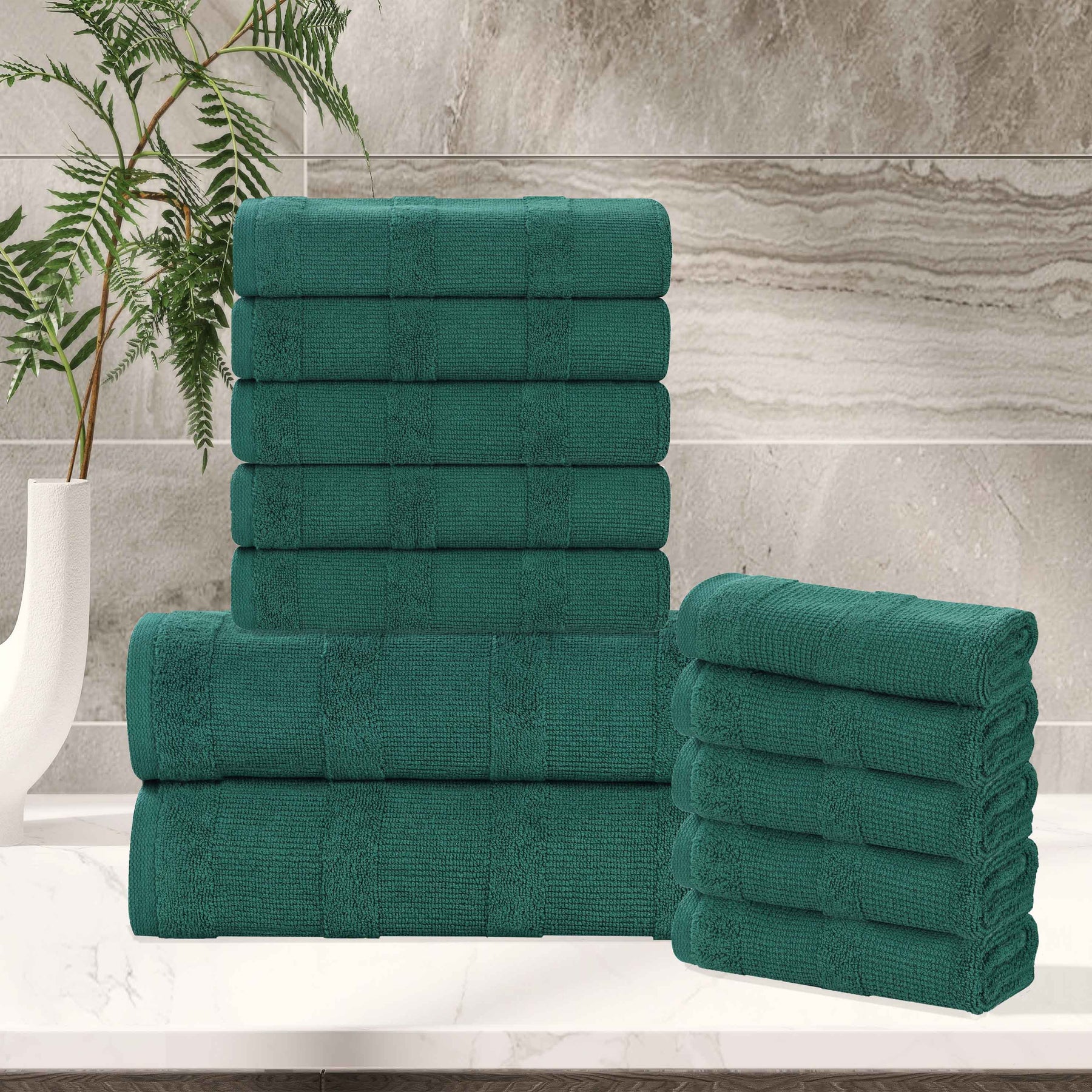 Roma Cotton Ribbed Textured Soft Absorbent 12 Piece Assorted Towel Set - Evergreen