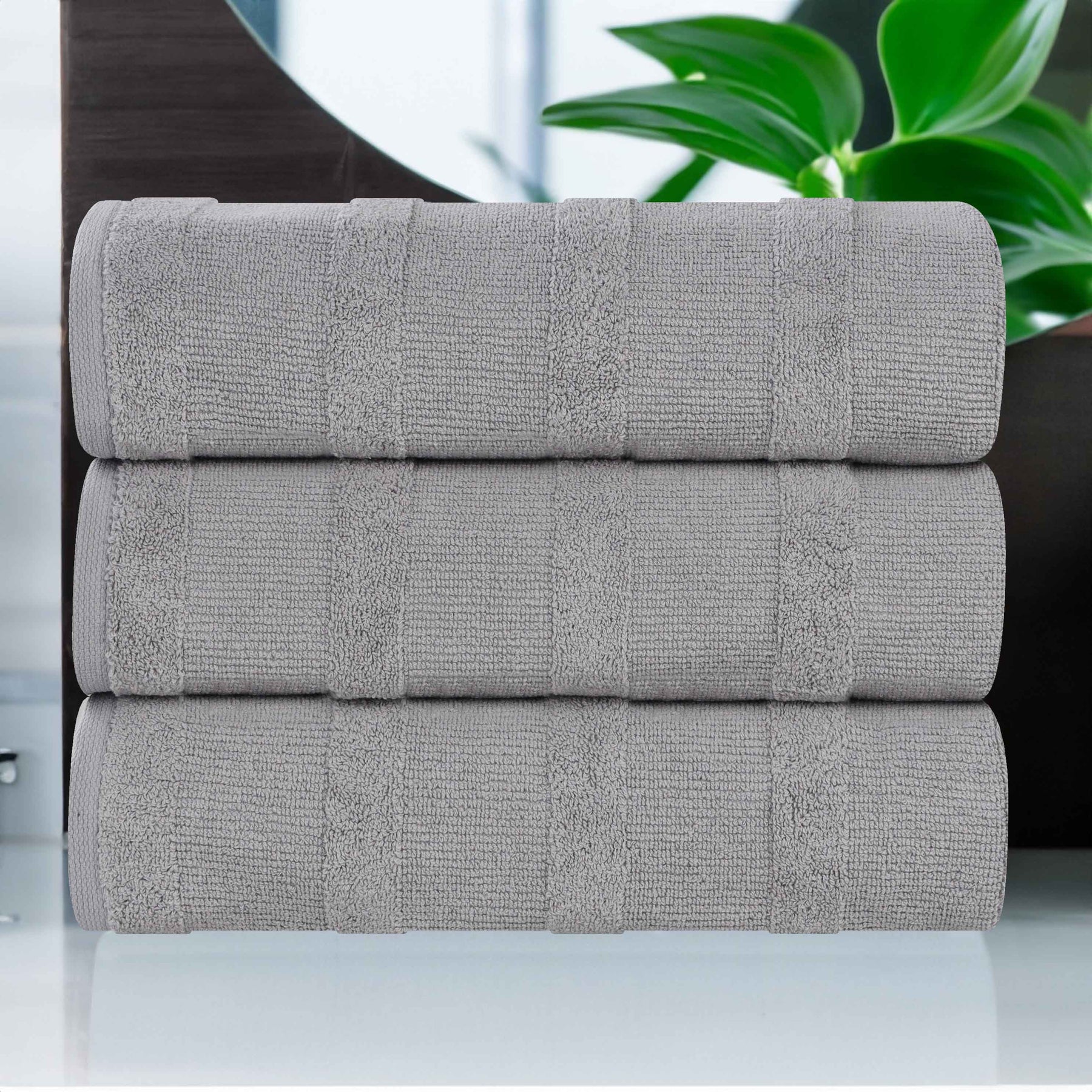 Roma Cotton Ribbed Textured Soft Highly Absorbent Bath Towel - Silver