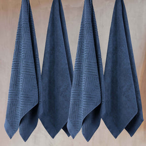 Basketweave Egyptian Cotton Jacquard and Solid Bath Towel Set of 4 - RoyalBlue