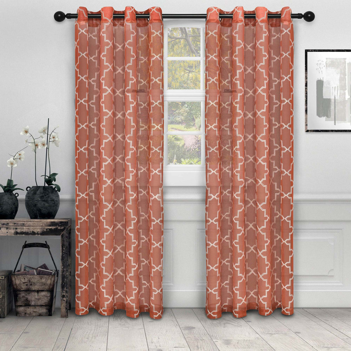 Embroidered Quatrefoil Semi Sheer 2 Piece Curtain Panel Set - Rust