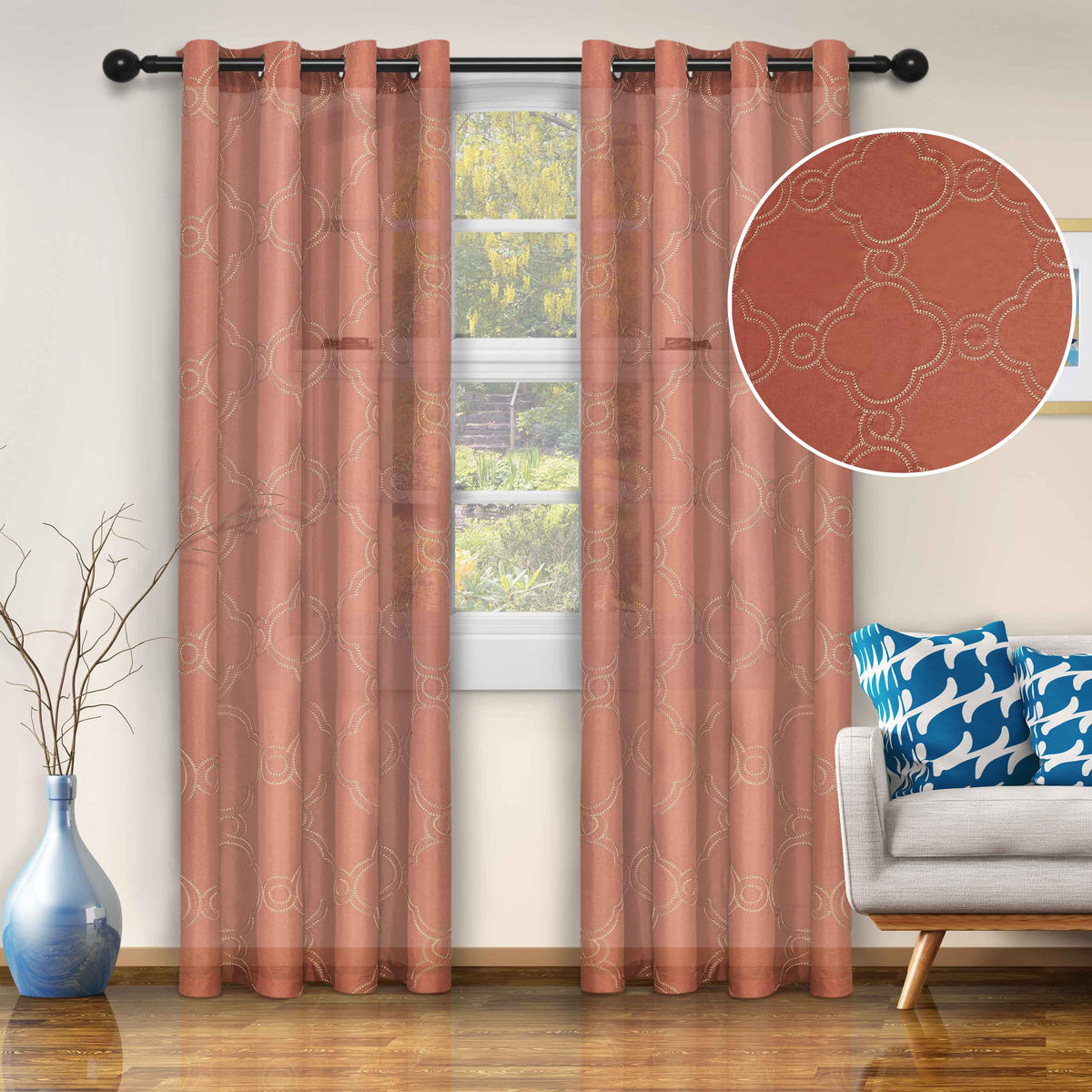 Embroidered Moroccan Sheer Grommet Curtain Panel Set - Rust