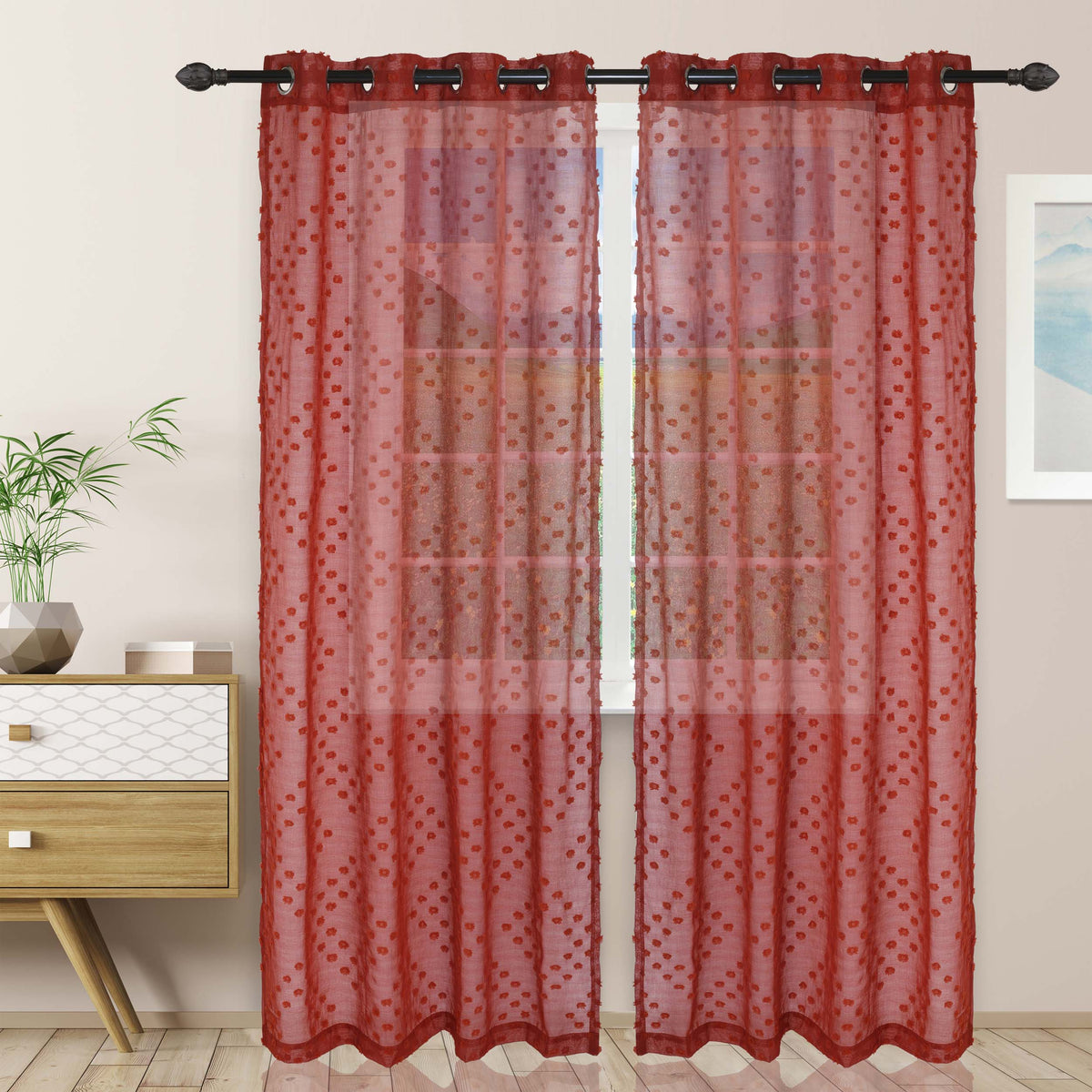 Sheer Poppy Floral Modern Textured Grommet Curtain Panels Set of 2