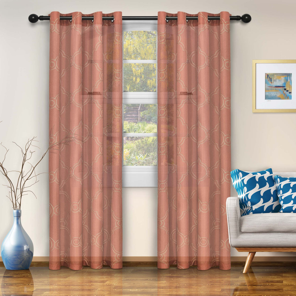 Embroidered Moroccan Sheer Grommet Curtain Panel Set