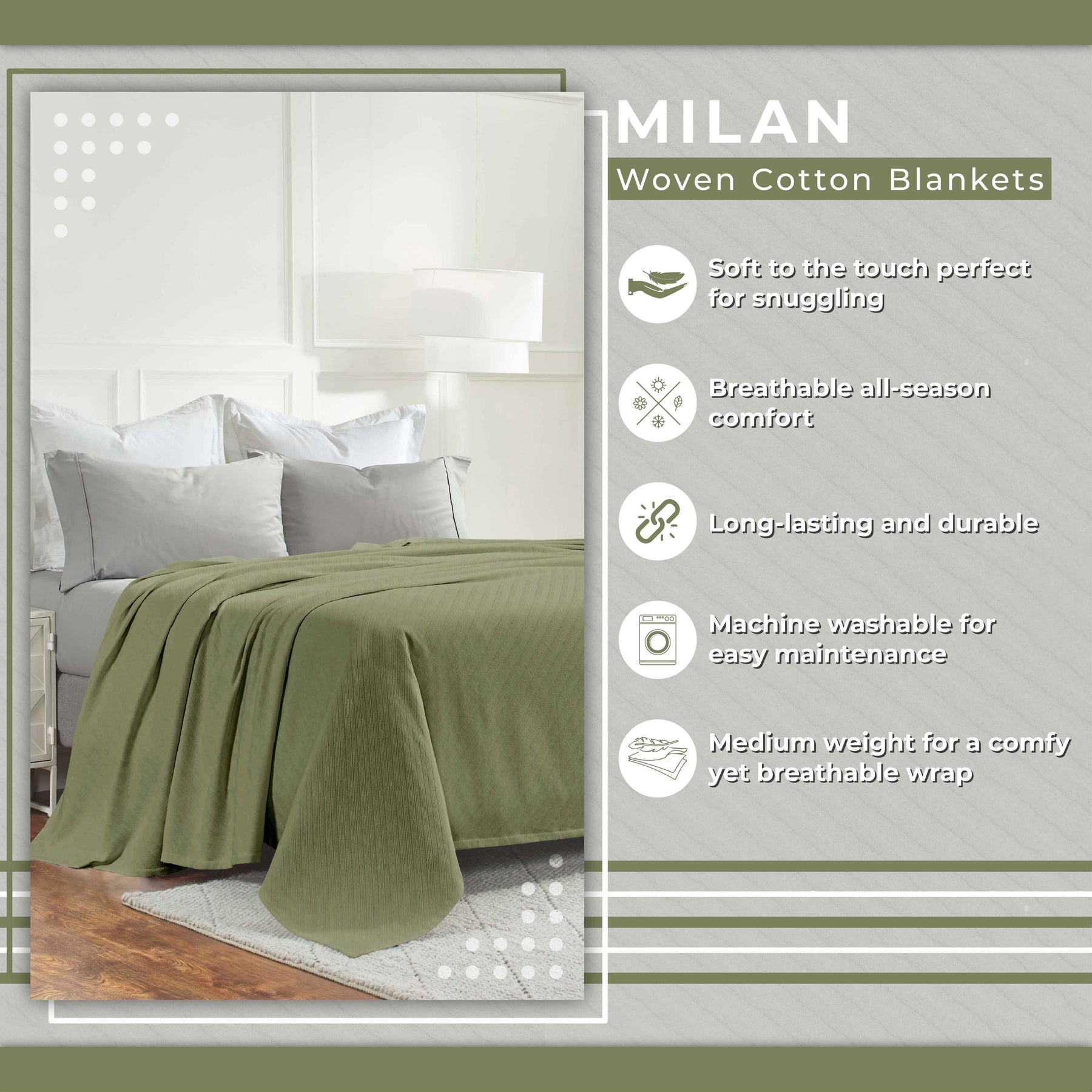 Milan Cotton Textured Jacquard Striped Lightweight Woven Blanket - Sage