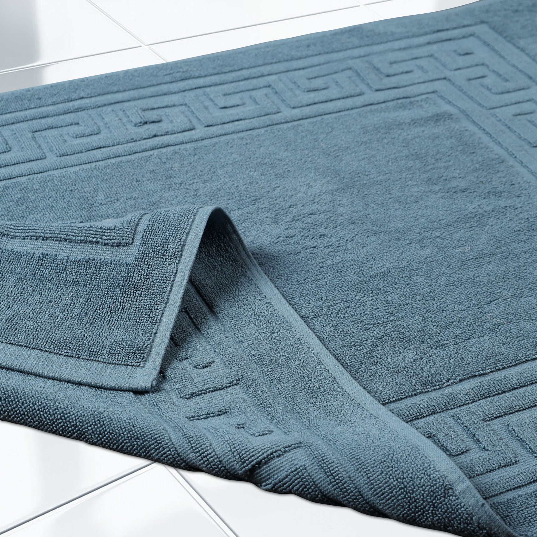 100% Cotton Highly-Absorbent Greek Key Border Solid 2-Piece Bath Mat Set - Sapphire