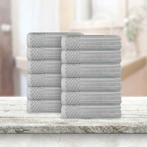Soho Ribbed Cotton Absorbent Face Towel / Washcloth Set of 12 - Silver