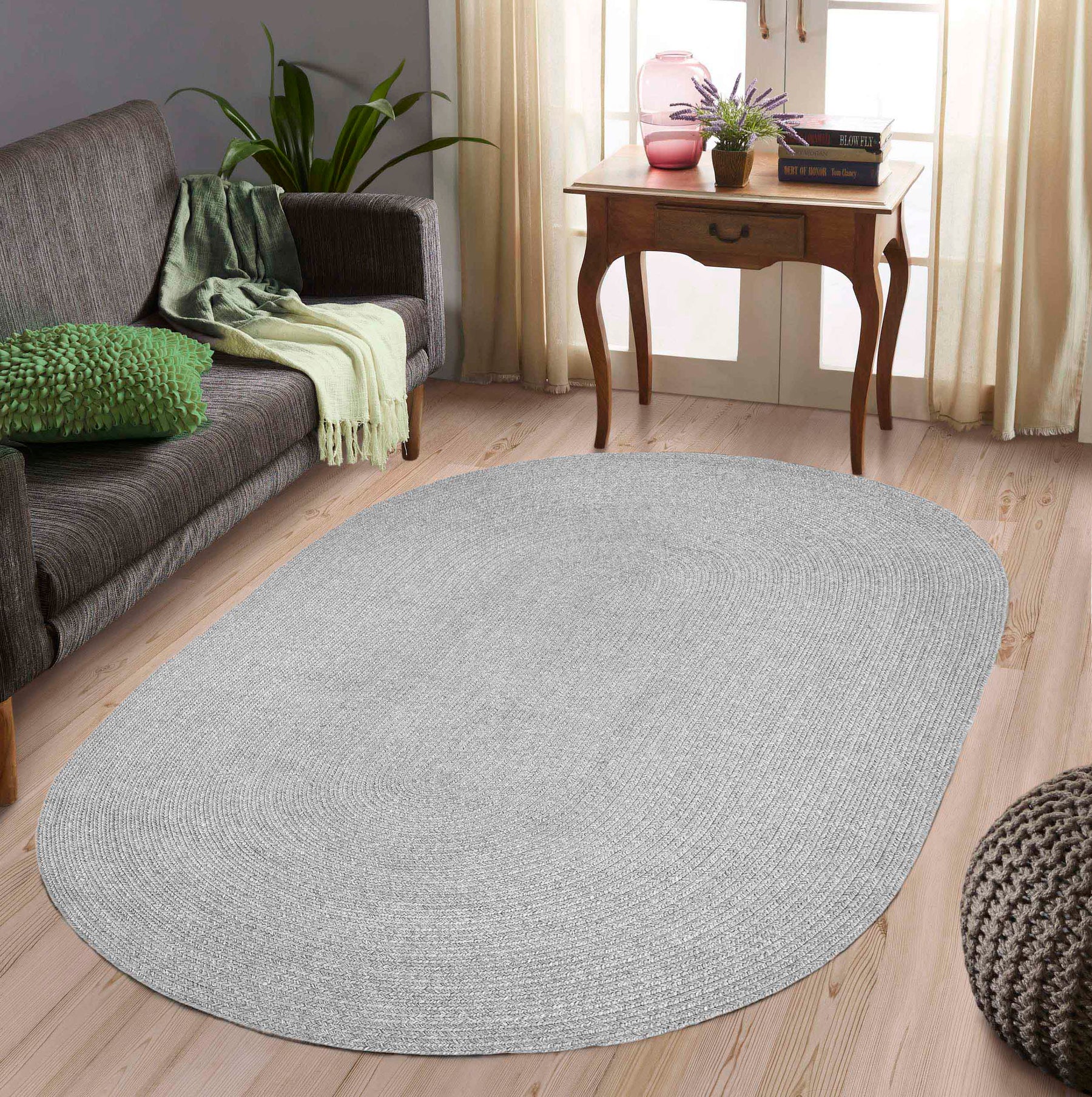 Classic Braided Weave Oval Area Rug Indoor Outdoor Rugs - Slate