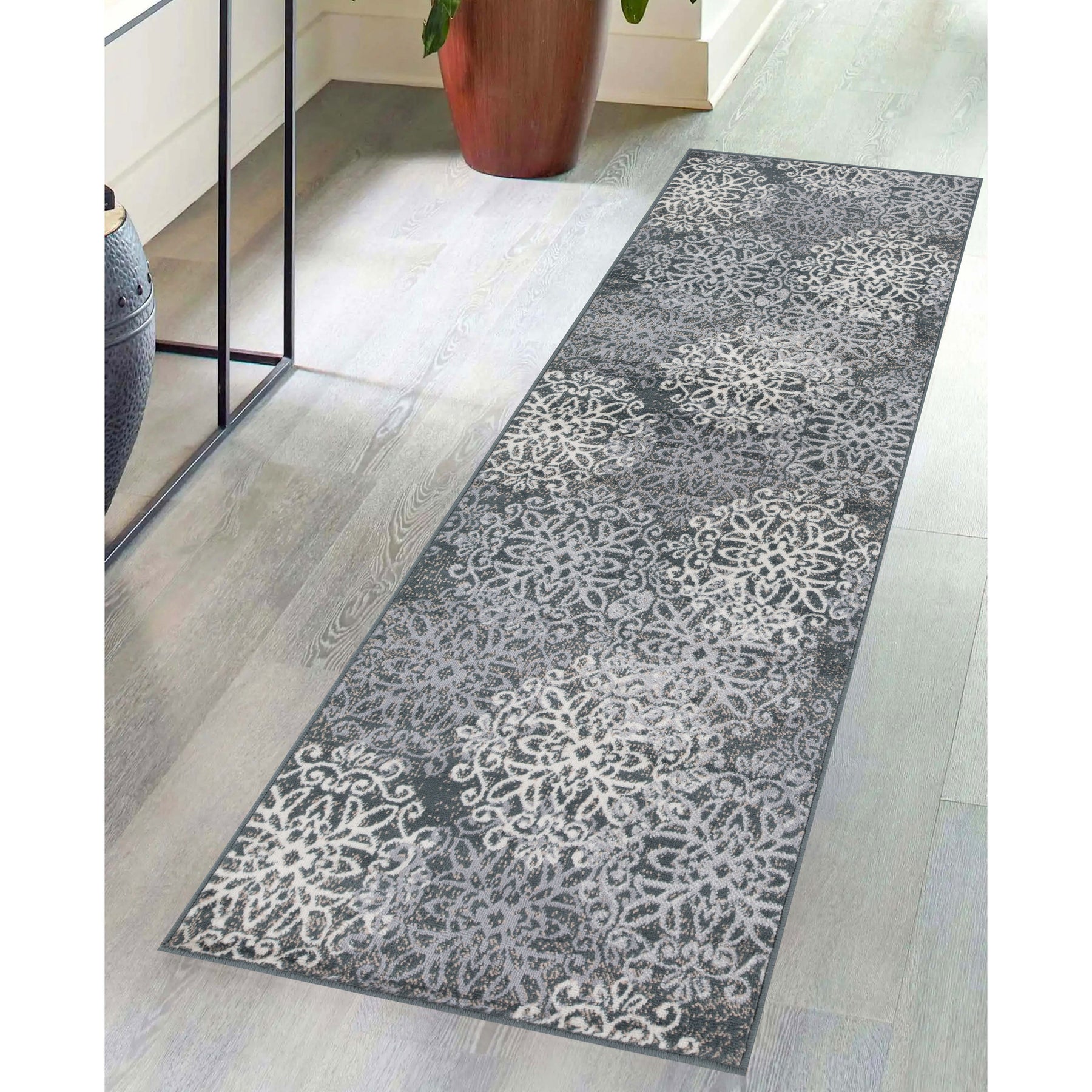 Leigh Traditional Floral Scroll Indoor Area Rug or Runner Rug Or Door Mat - Slate