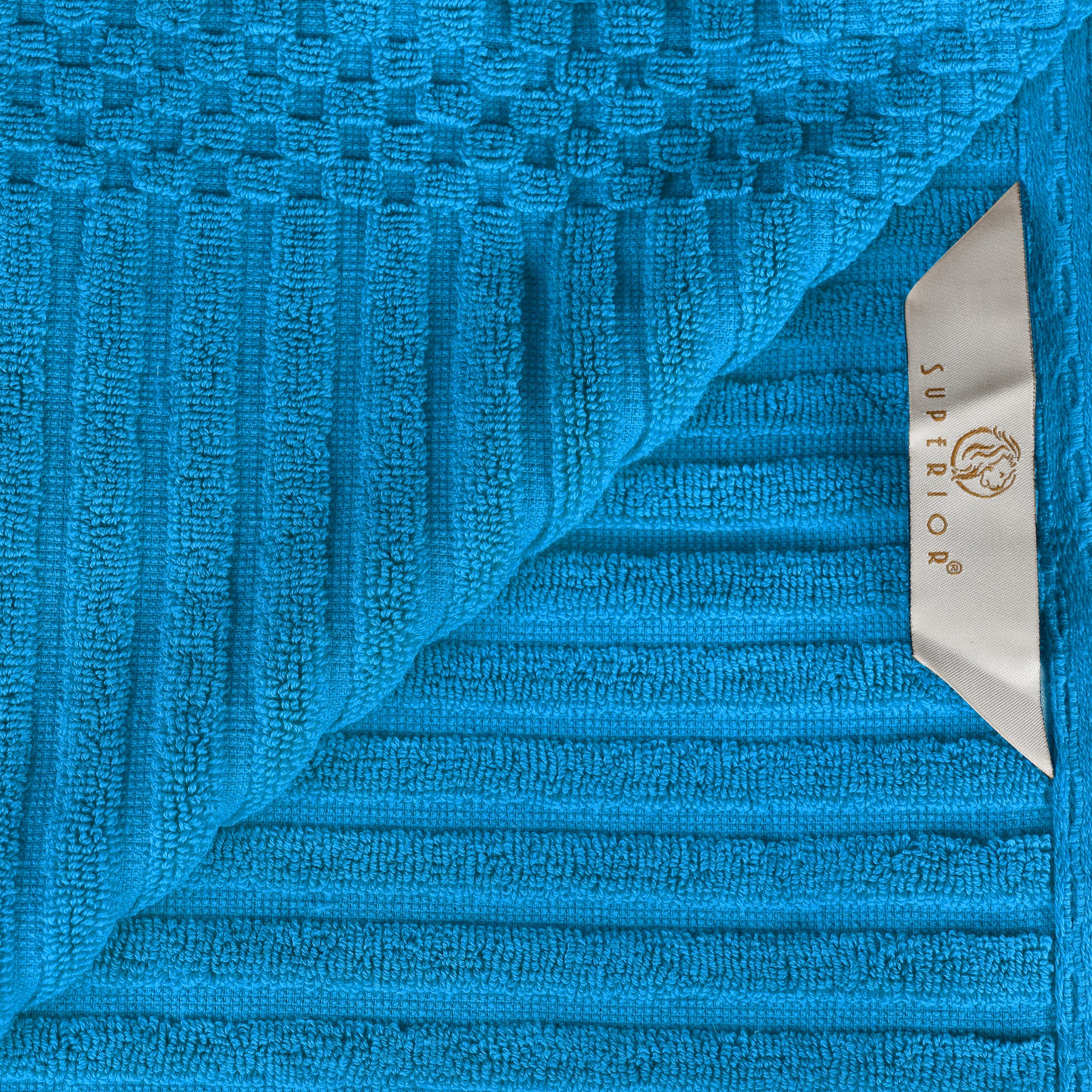 Soho Cotton Ribbed Checkered Border 3 Piece Towel Set - Azure