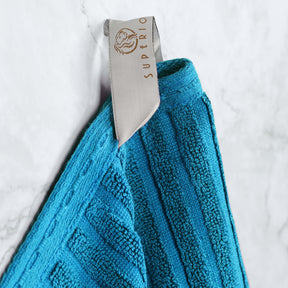 Soho Cotton Ribbed Checkered Border 3 Piece Towel Set - Azure