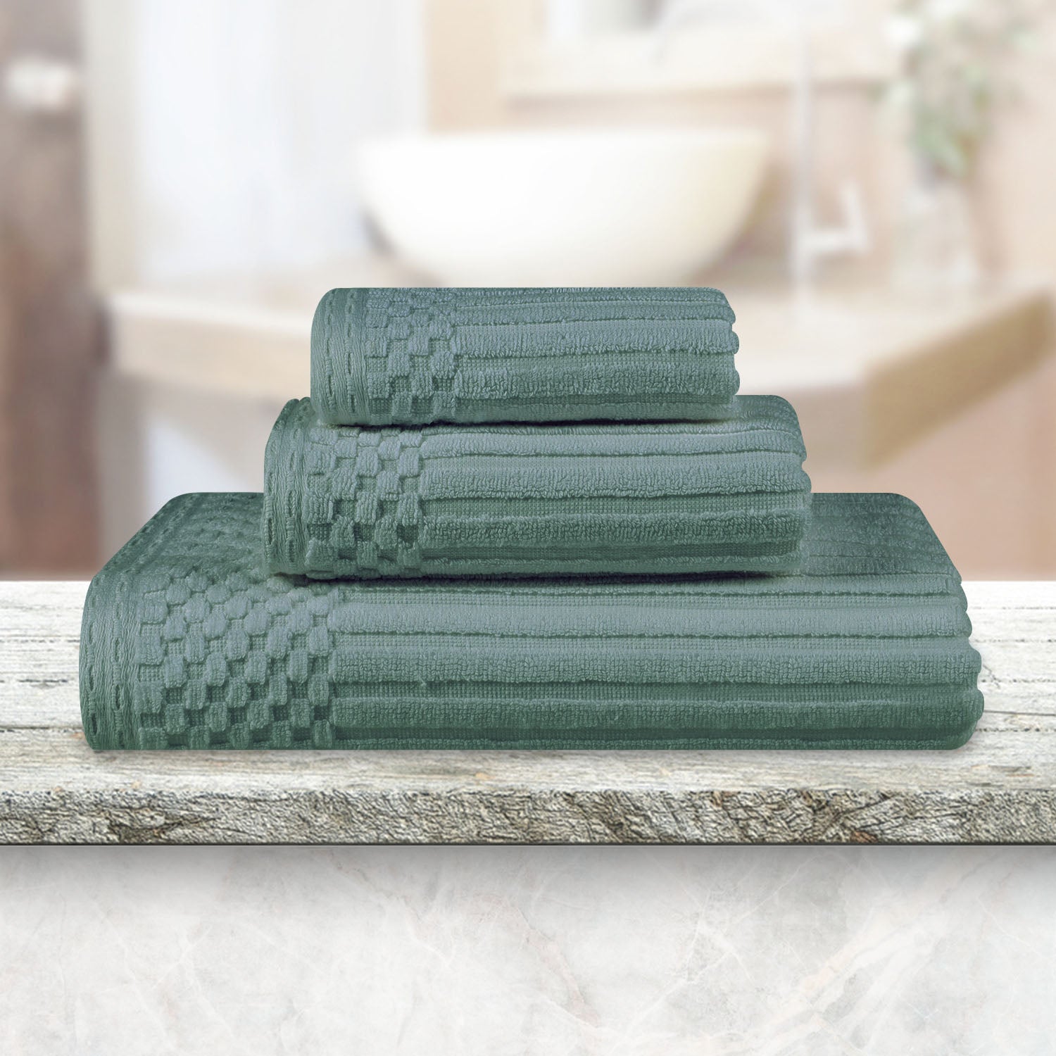 Soho Cotton Ribbed Checkered Border 3 Piece Towel Set - Basil