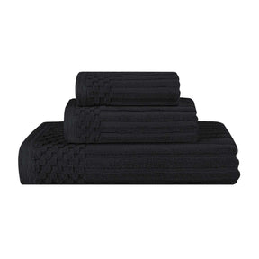 Soho Cotton Ribbed Checkered Border 3 Piece Towel Set - Black