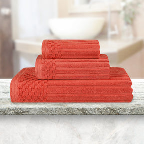 Soho Cotton Ribbed Checkered Border 3 Piece Towel Set - Coral