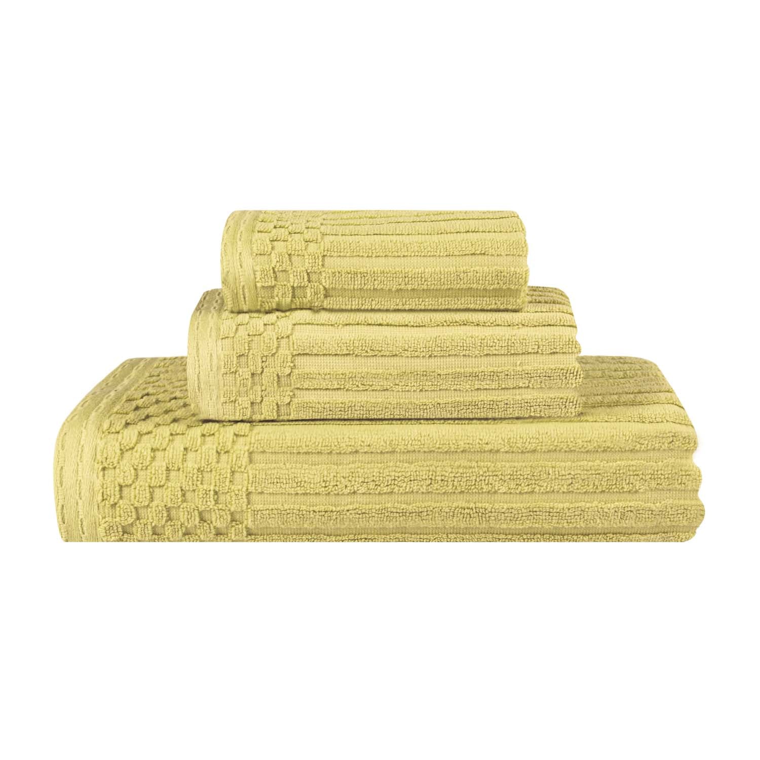 Soho Cotton Ribbed Checkered Border 3 Piece Towel Set - GoldenMist