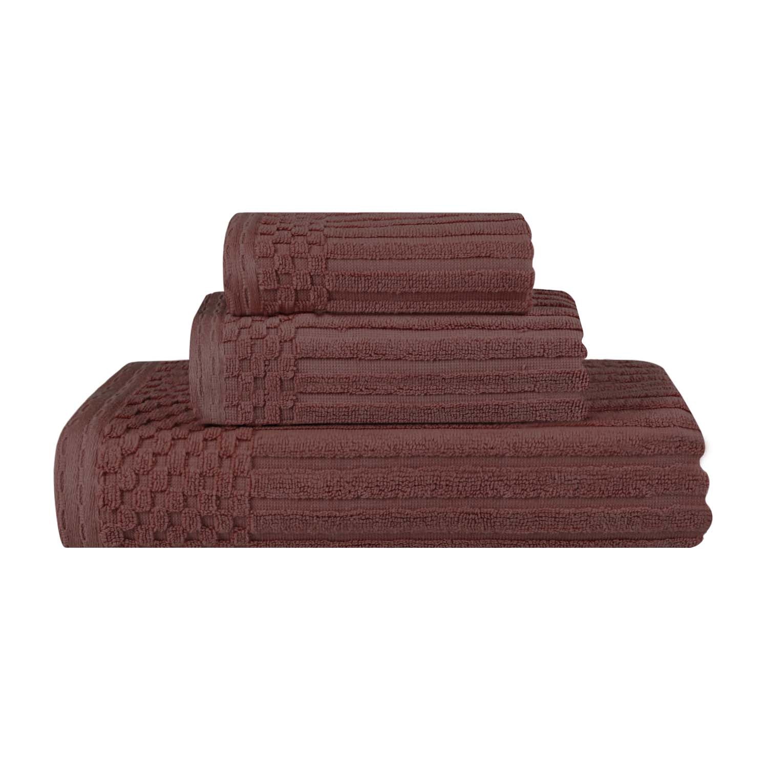 Soho Cotton Ribbed Checkered Border 3 Piece Towel Set - Java