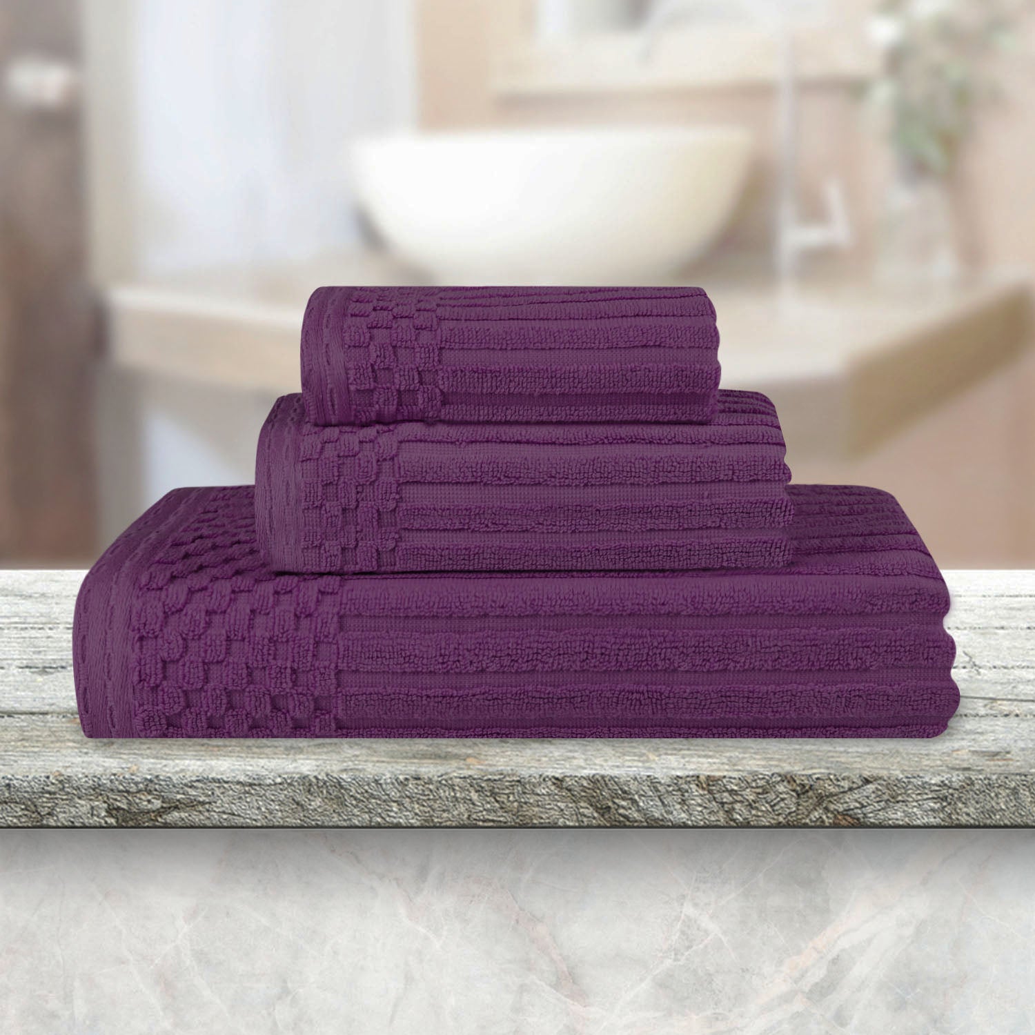 Soho Cotton Ribbed Checkered Border 3 Piece Towel Set - Plum