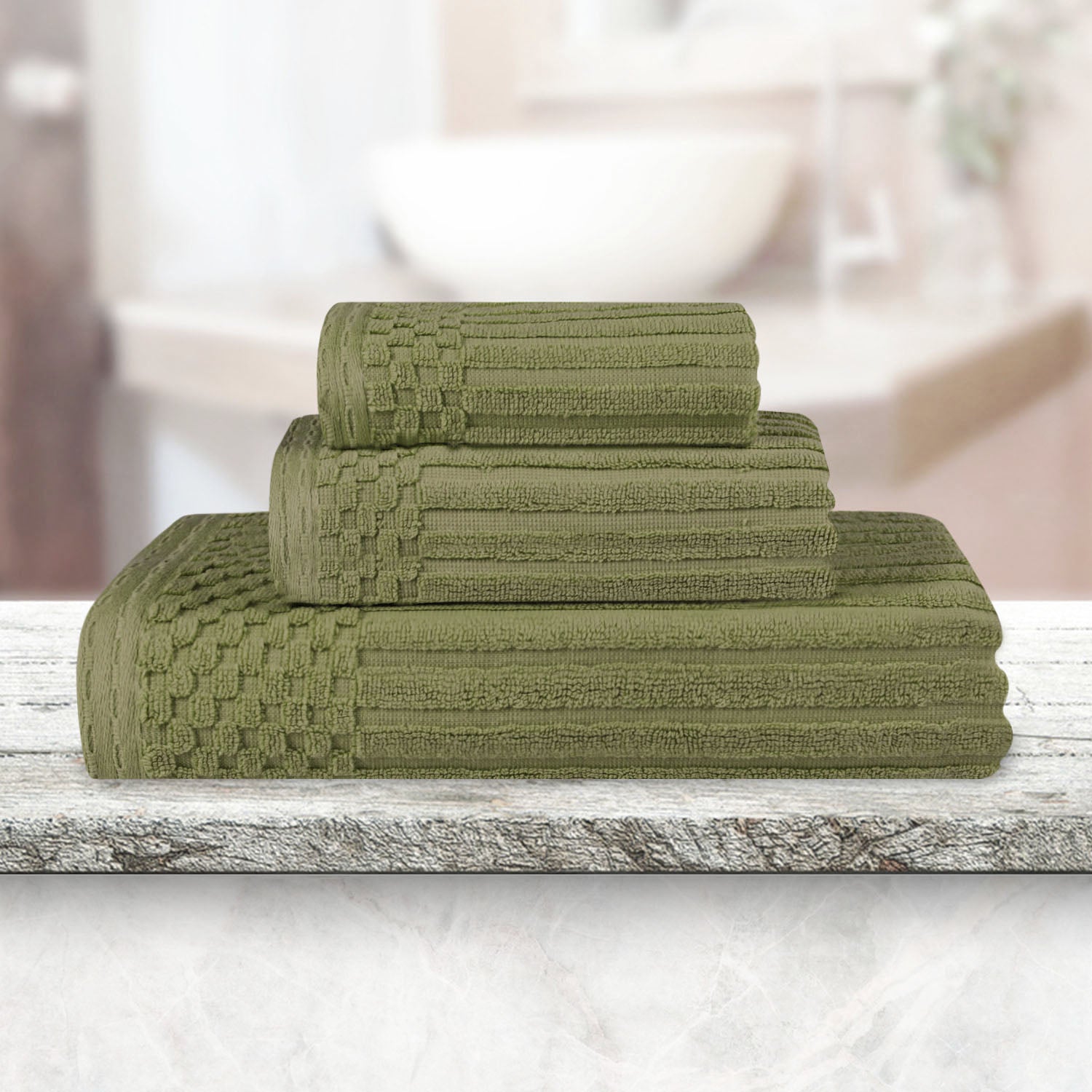 Soho Cotton Ribbed Checkered Border 3 Piece Towel Set - Sage