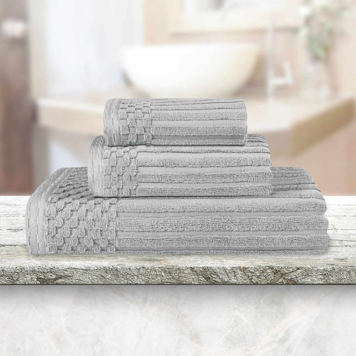 Soho Cotton Ribbed Checkered Border 3 Piece Towel Set - Silver
