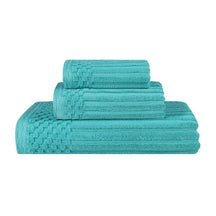 Soho Cotton Ribbed Checkered Border 3 Piece Towel Set - Turquoise