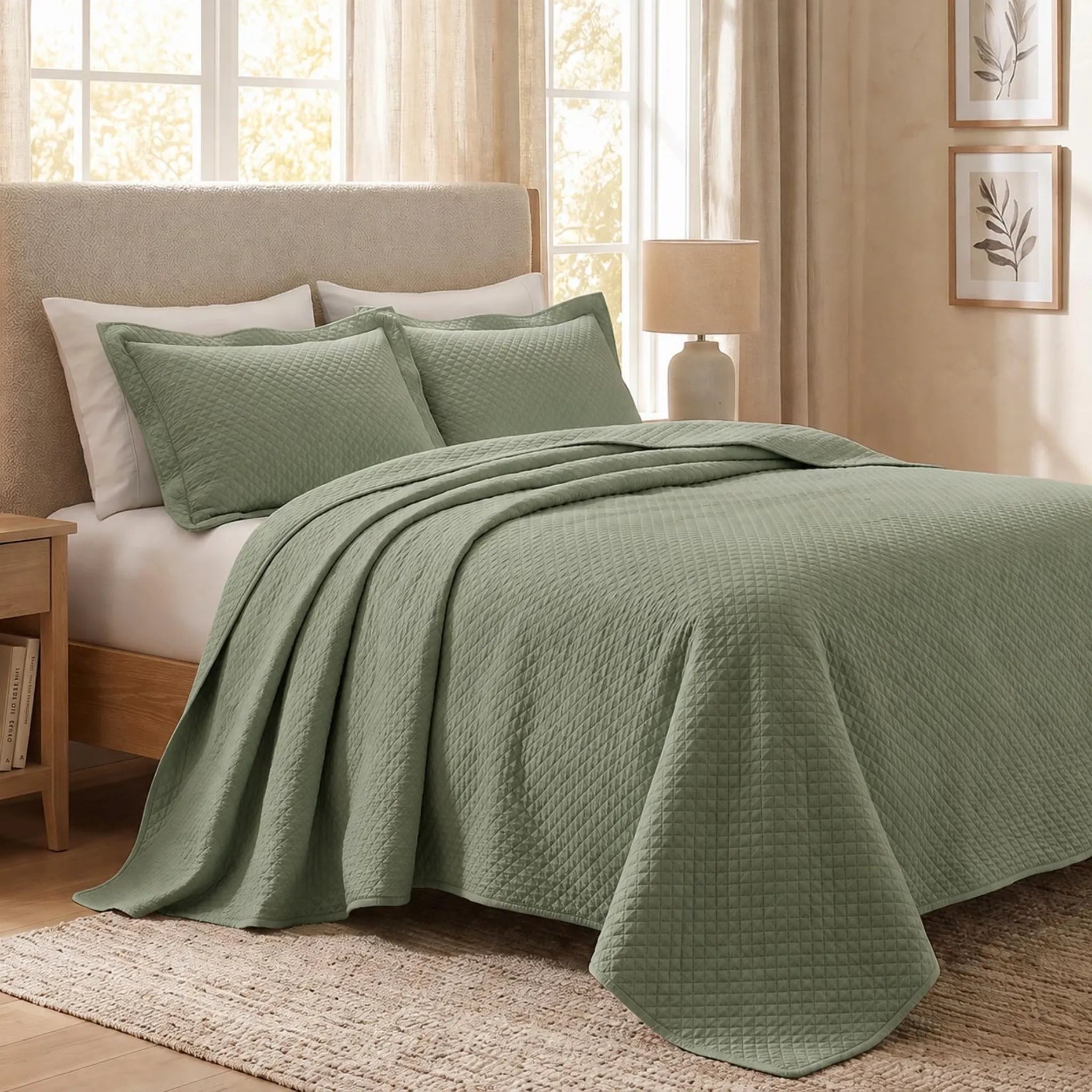 Lightweight Cotton Bedspread Sets 3-Piece Diamond Jacquard Matelassé