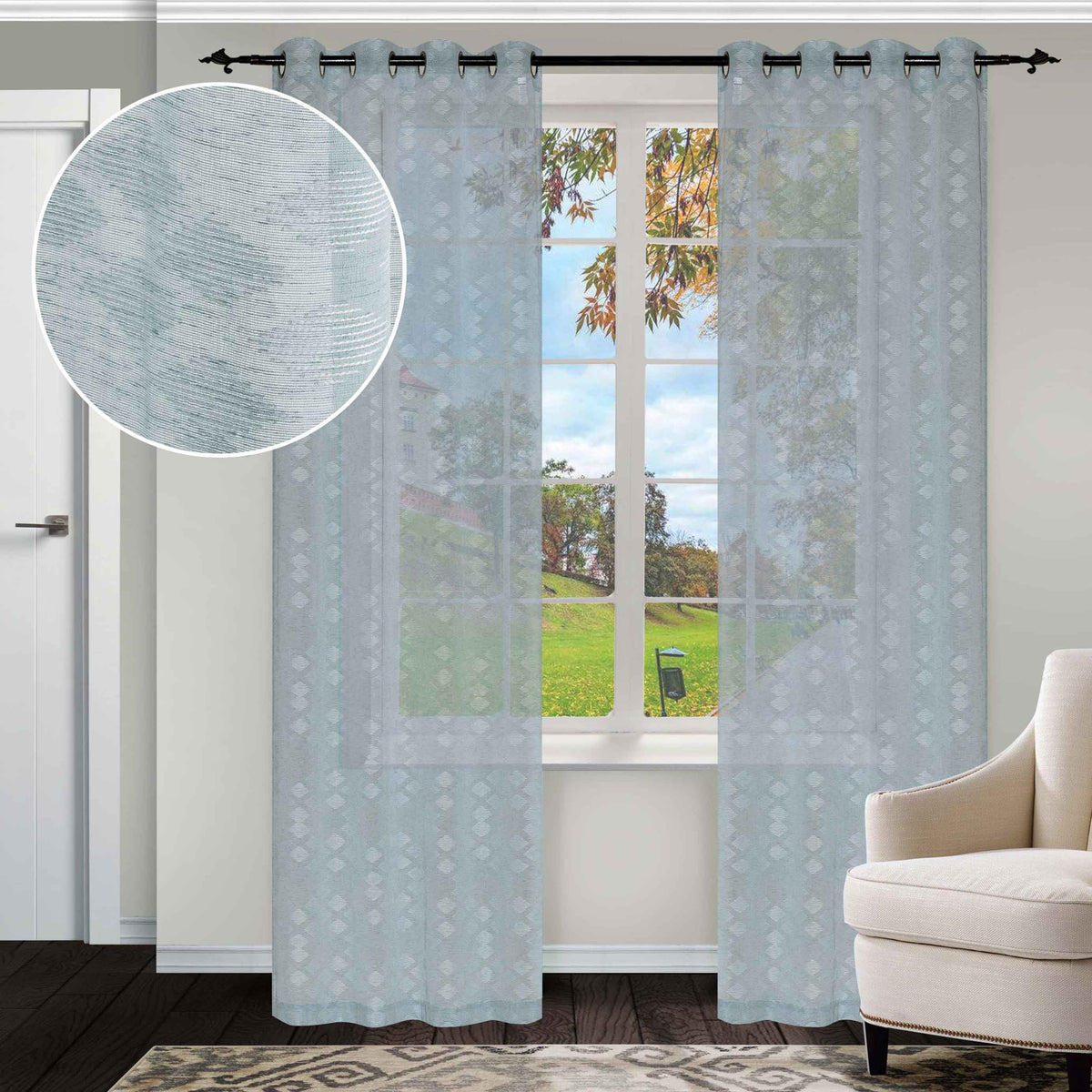 Embroidered Argyle Sheer 2-Piece Grommet Curtain Panel Set
