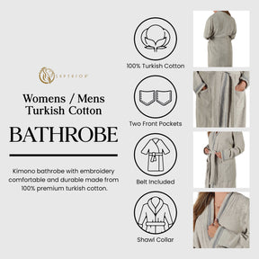 Turkish Cotton Terry Kimono Embroidered Super-Soft Unisex Bathrobe - Stone-Grey