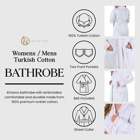 Turkish Cotton Terry Kimono Embroidered Super-Soft Unisex Bathrobe - White-Emberglow
