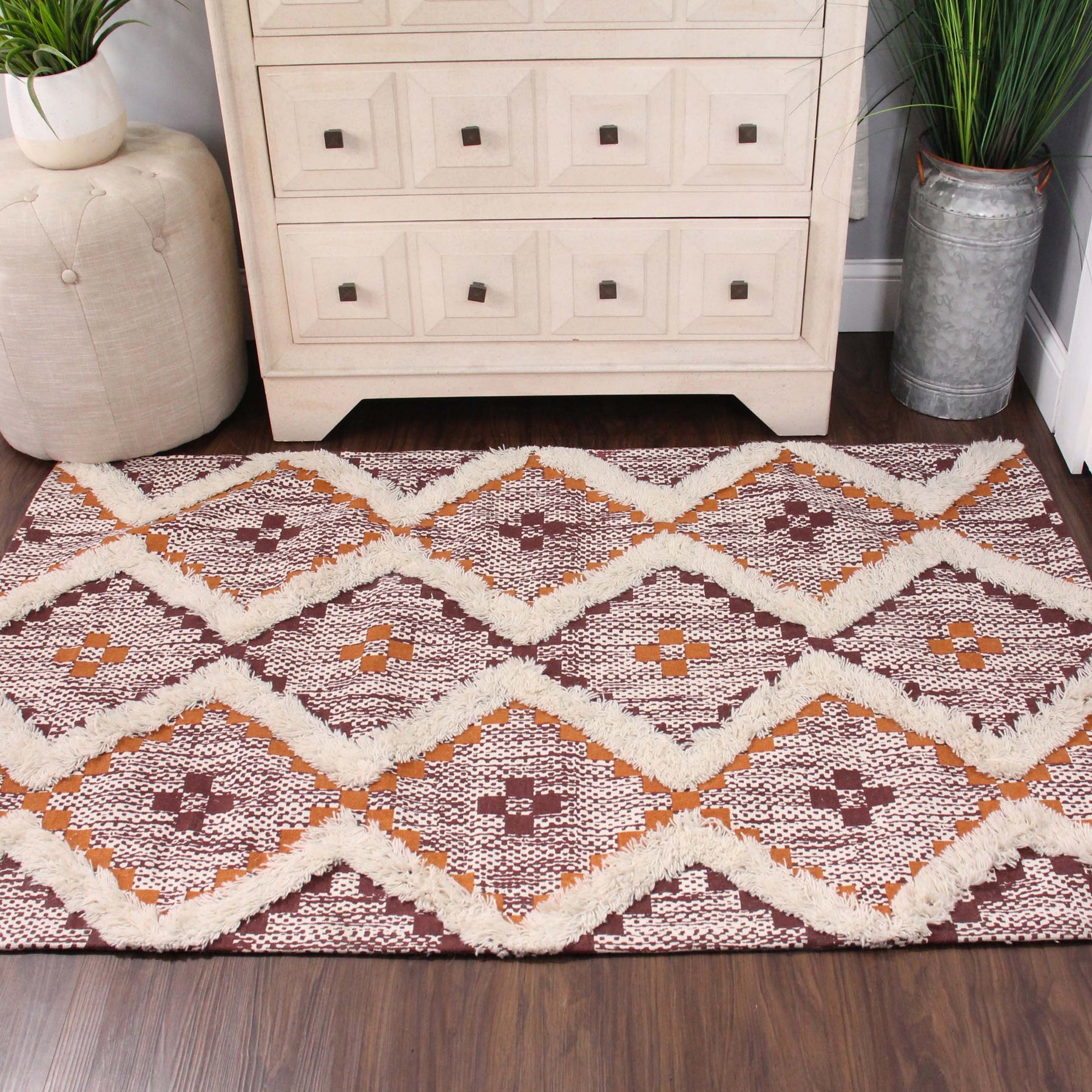 Superior Indoor Area Rug Collection Geometric Design with Cotton-Latex Backing - Apricot-Brick Red
