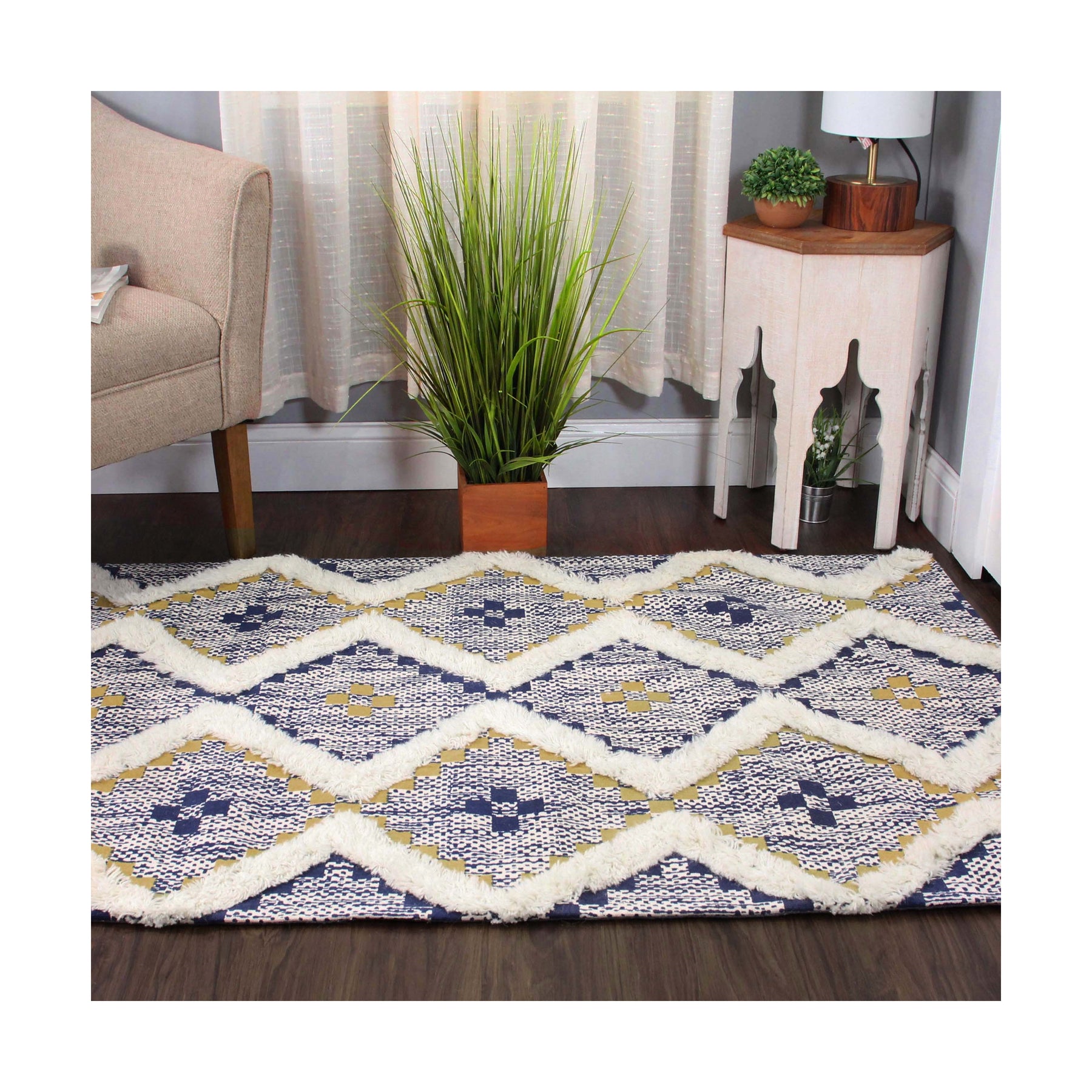 Superior Indoor Area Rug Collection Geometric Design with Cotton-Latex Backing - Gold - Navy Blue