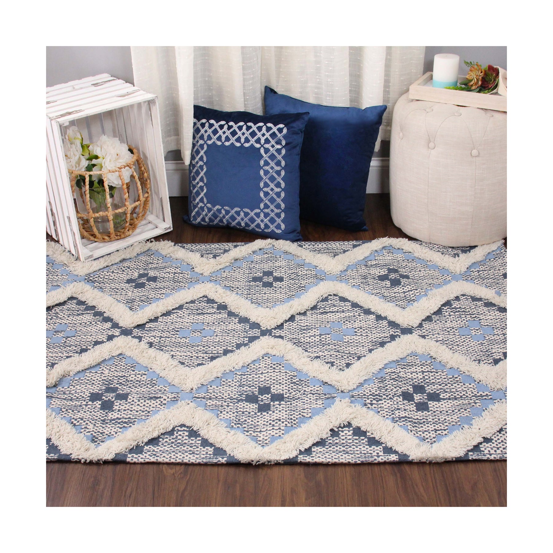 Superior Indoor Area Rug Collection Geometric Design with Cotton-Latex Backing - Stone Blue-Midnight Blue