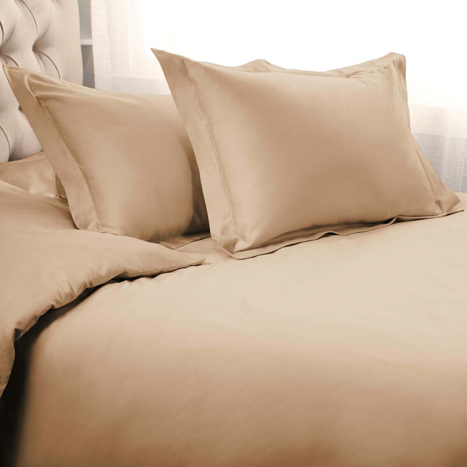 Superior Egyptian Cotton Solid All-Season Duvet Cover Set with Button Closure - Tan