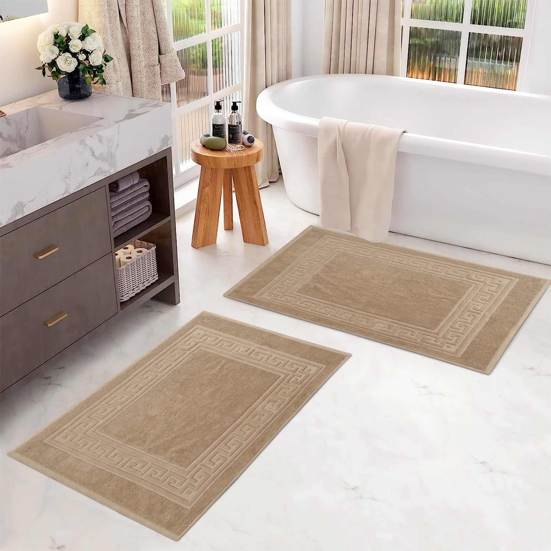 100% Cotton Highly-Absorbent Greek Key Border Solid 2-Piece Bath Mat Set - Taupe