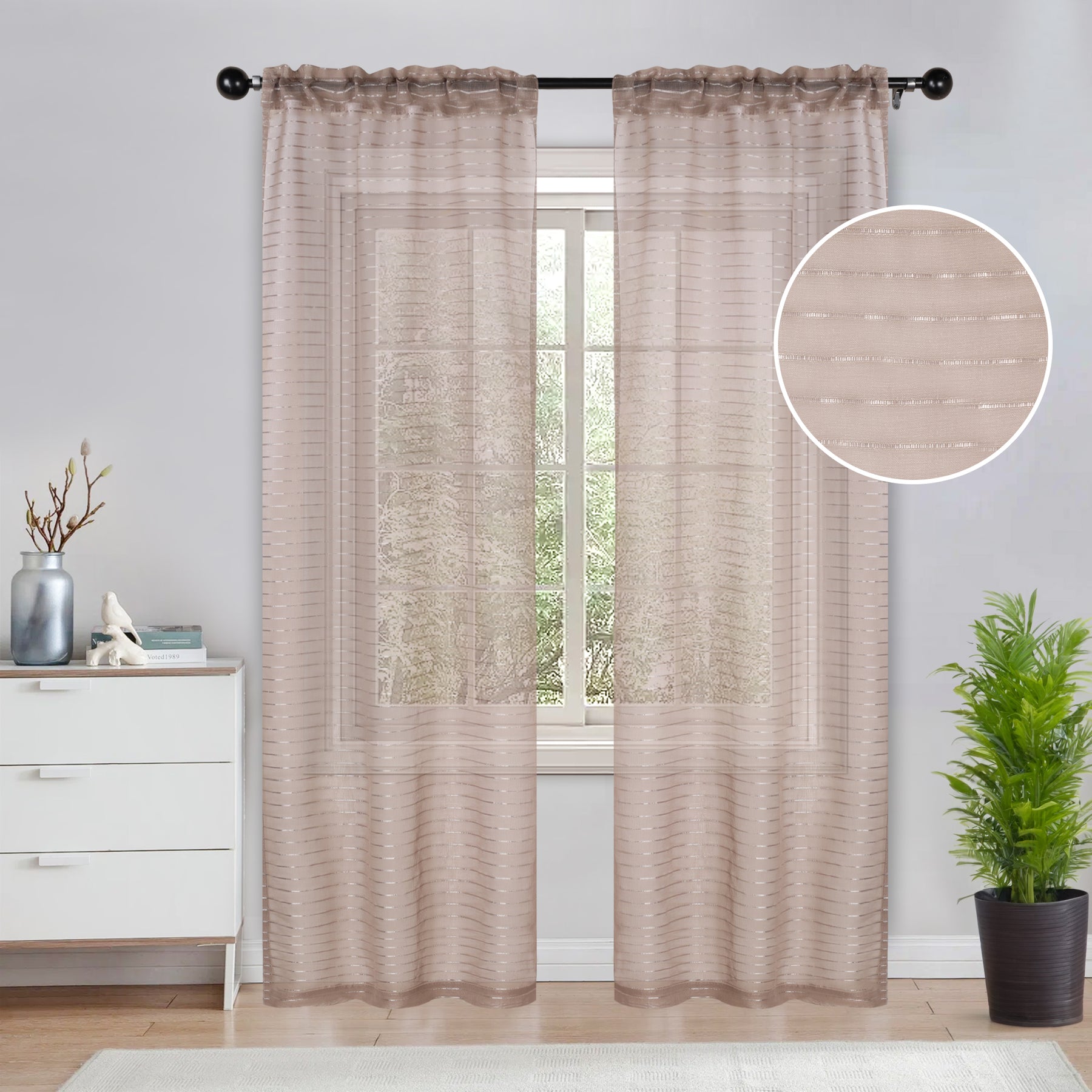 Jackson Striped Sheer Window Curtain Panels - Taupe