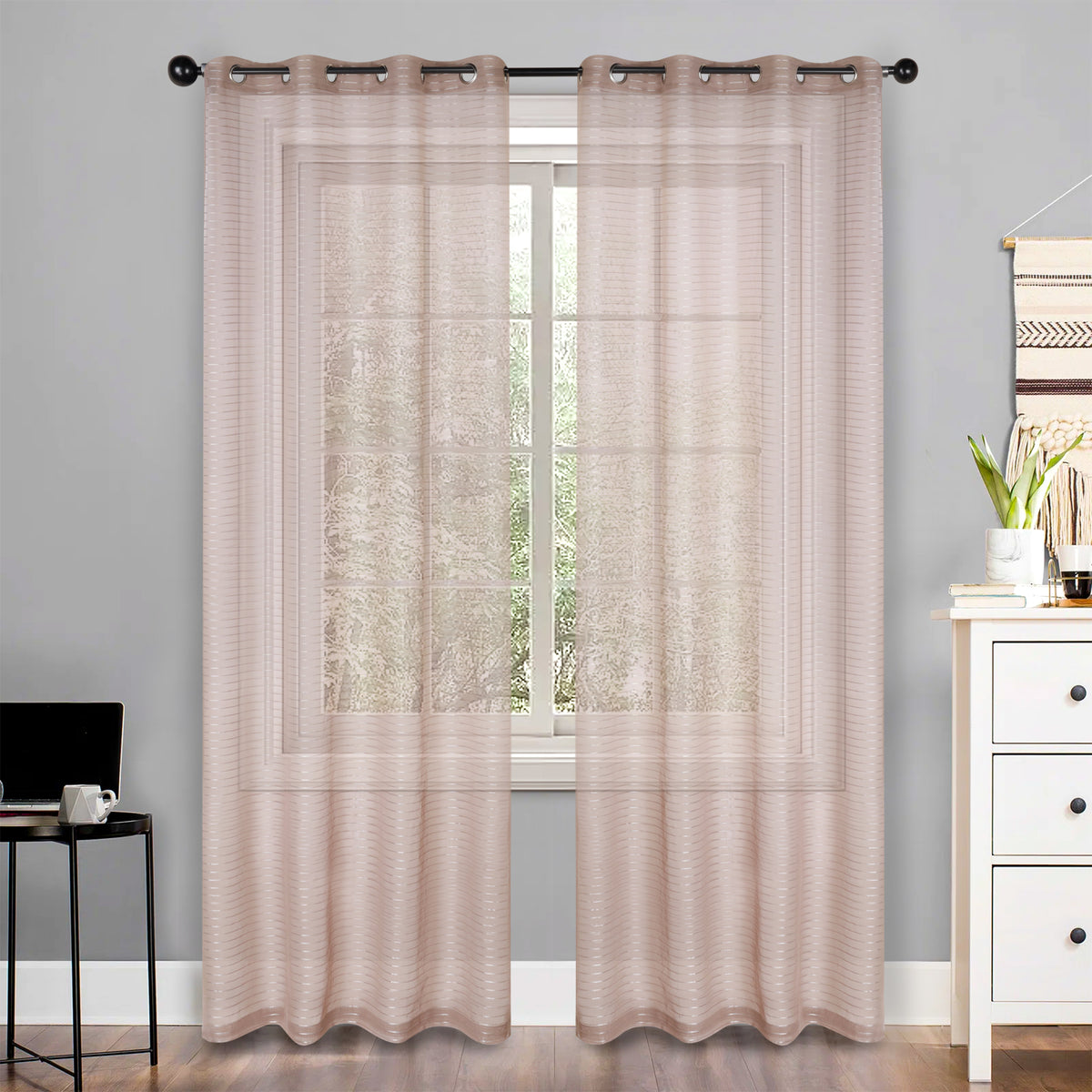 Jackson Striped Sheer Window Curtain Panels - Taupe