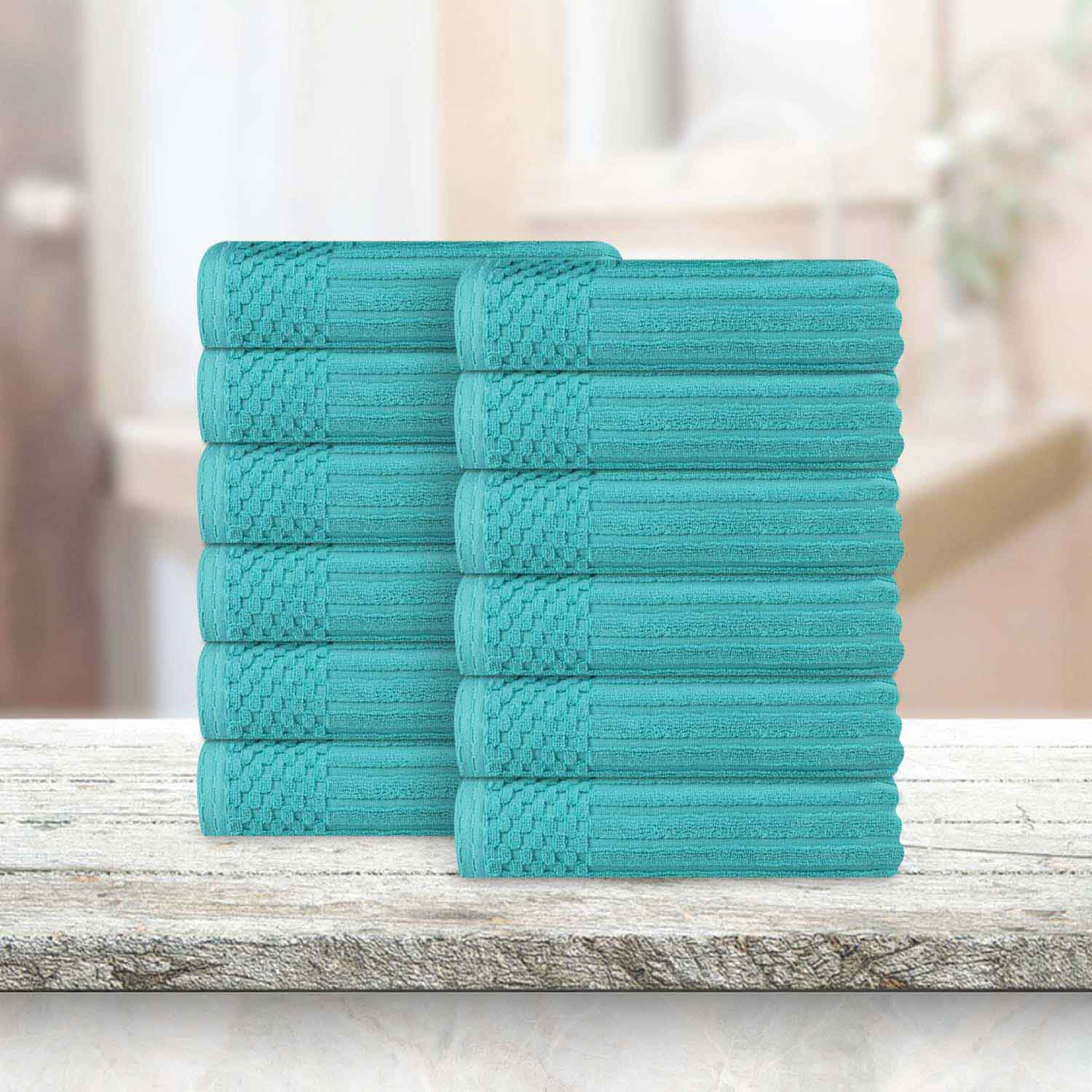 Soho Ribbed Cotton Absorbent Face Towel / Washcloth Set of 12 - Turquoise