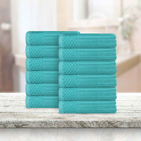 Soho Ribbed Cotton Absorbent Face Towel / Washcloth Set of 12 - Turquoise