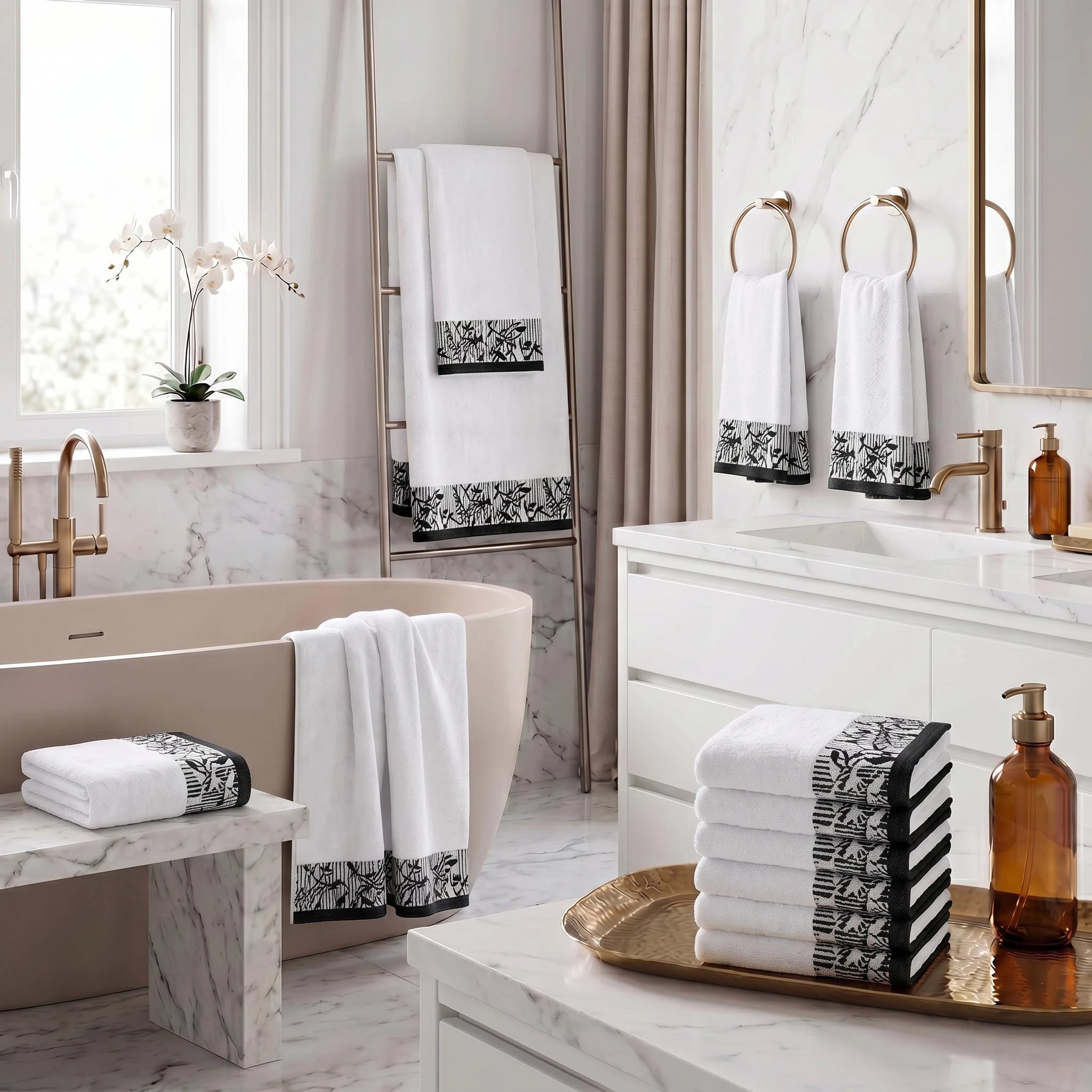 Wisteria Floral Jacquard 12-Piece Cotton Towel Set – Medium Weight Bathroom Towels