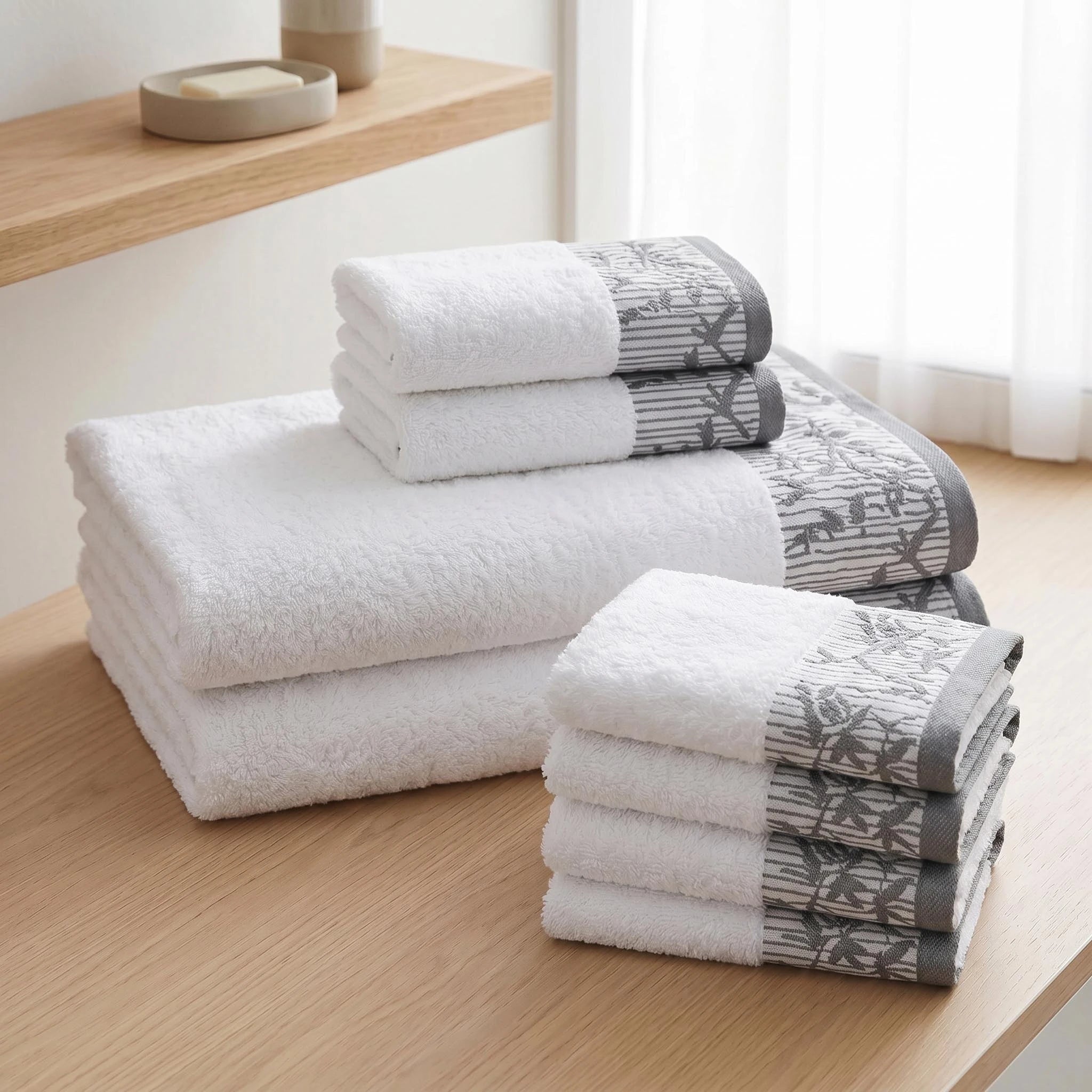 Wisteria Floral Jacquard 8-Piece Cotton Towel Set – Medium Weight Bathroom Towels