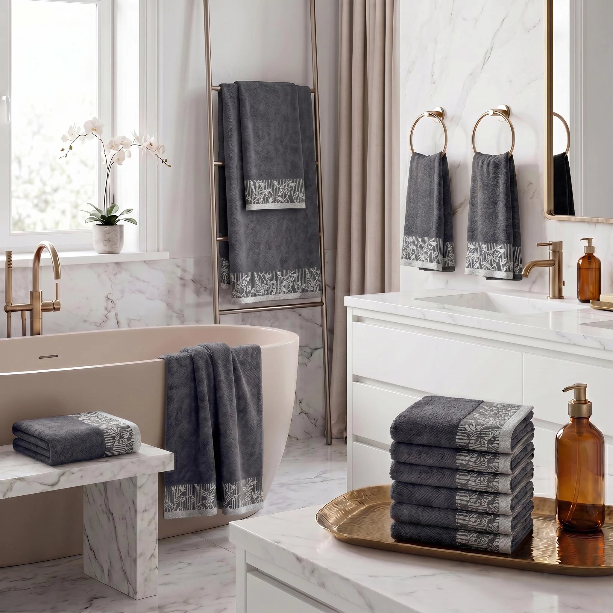 Wisteria Floral Jacquard 12-Piece Cotton Towel Set – Medium Weight Bathroom Towels