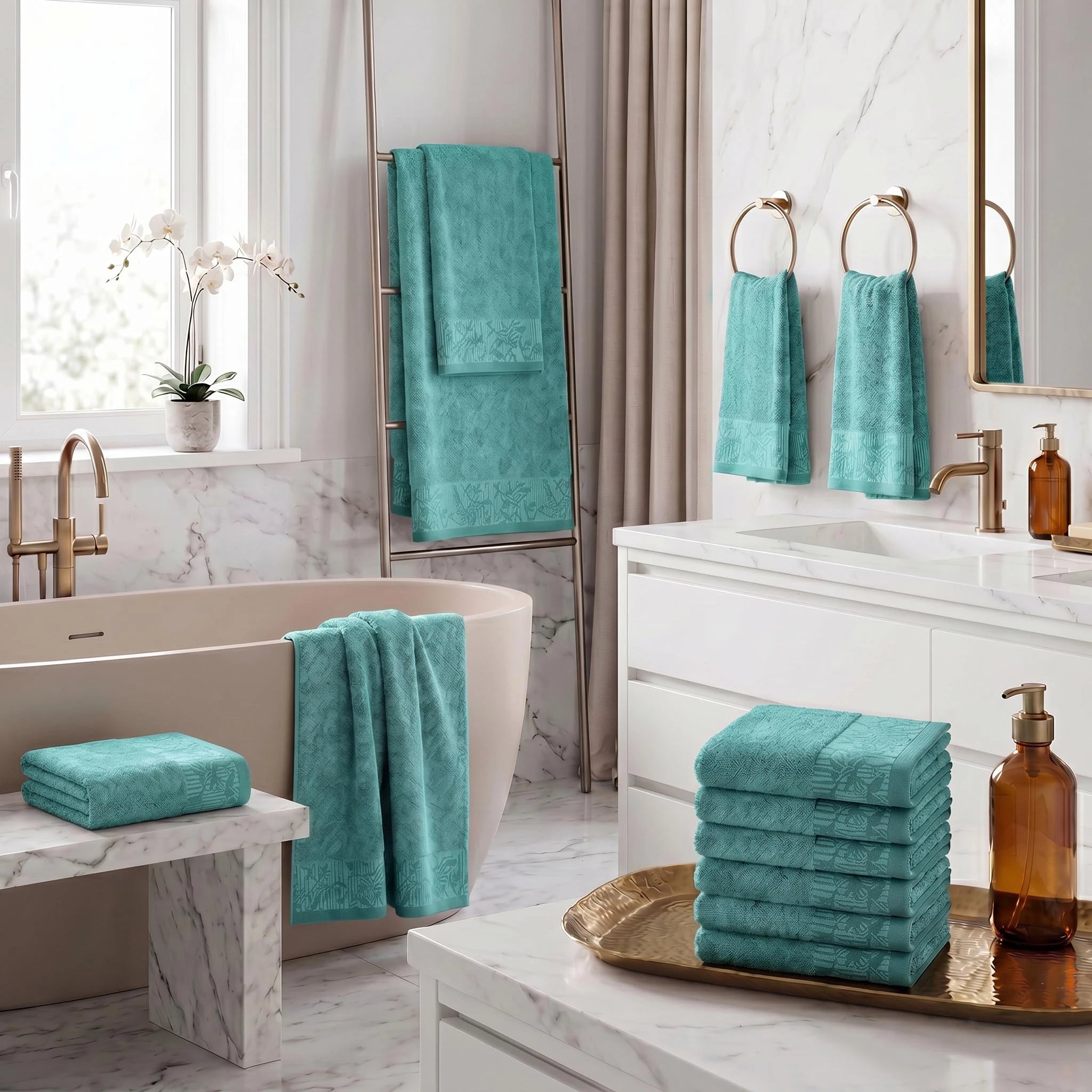 Wisteria Floral Jacquard 12-Piece Cotton Towel Set – Medium Weight Bathroom Towels