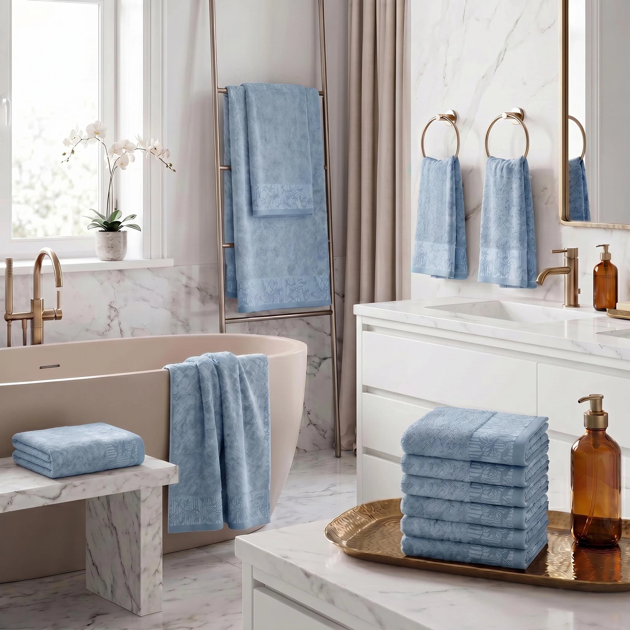 Wisteria Floral Jacquard 12-Piece Cotton Towel Set – Medium Weight Bathroom Towels