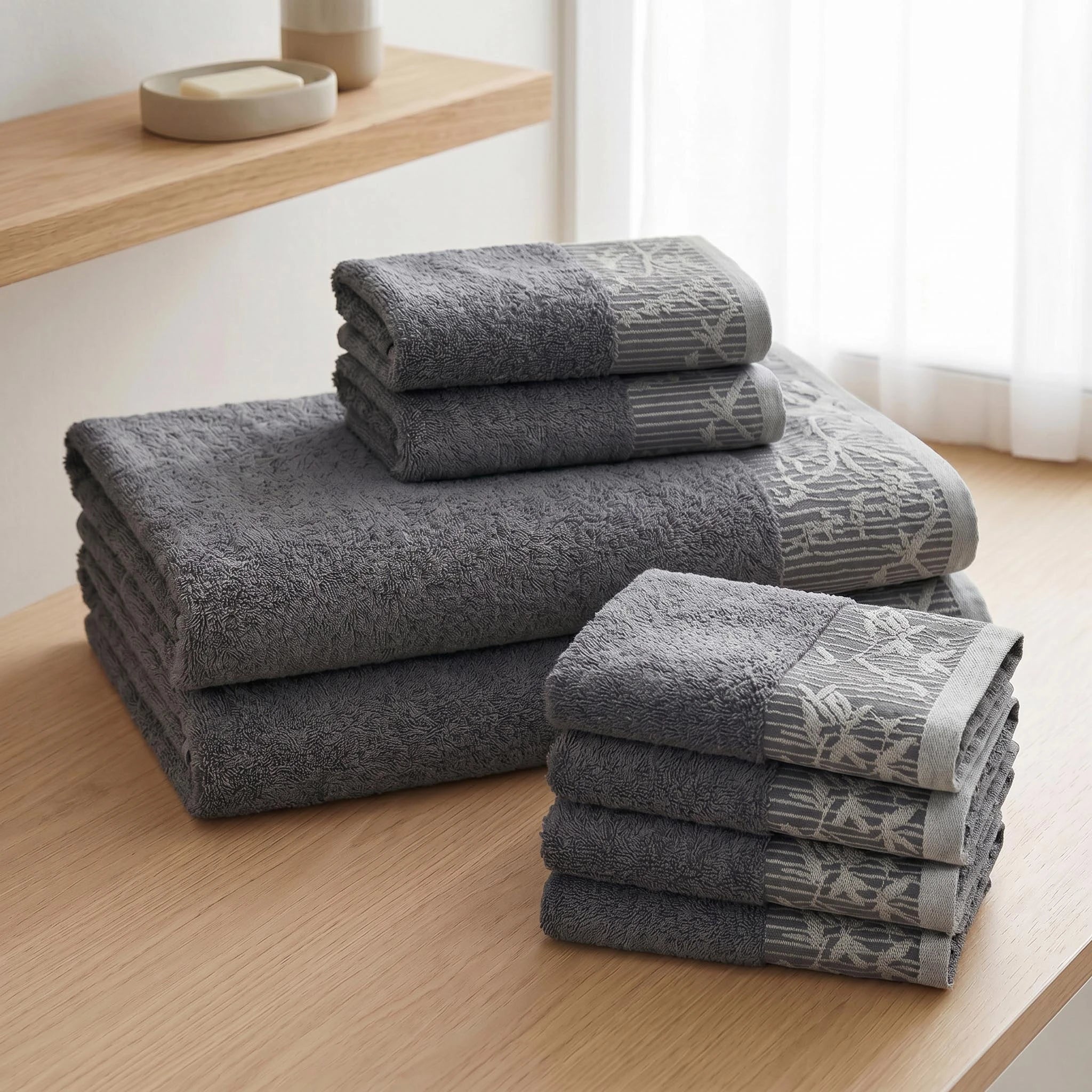 Wisteria Floral Jacquard 8-Piece Cotton Towel Set – Medium Weight Bathroom Towels