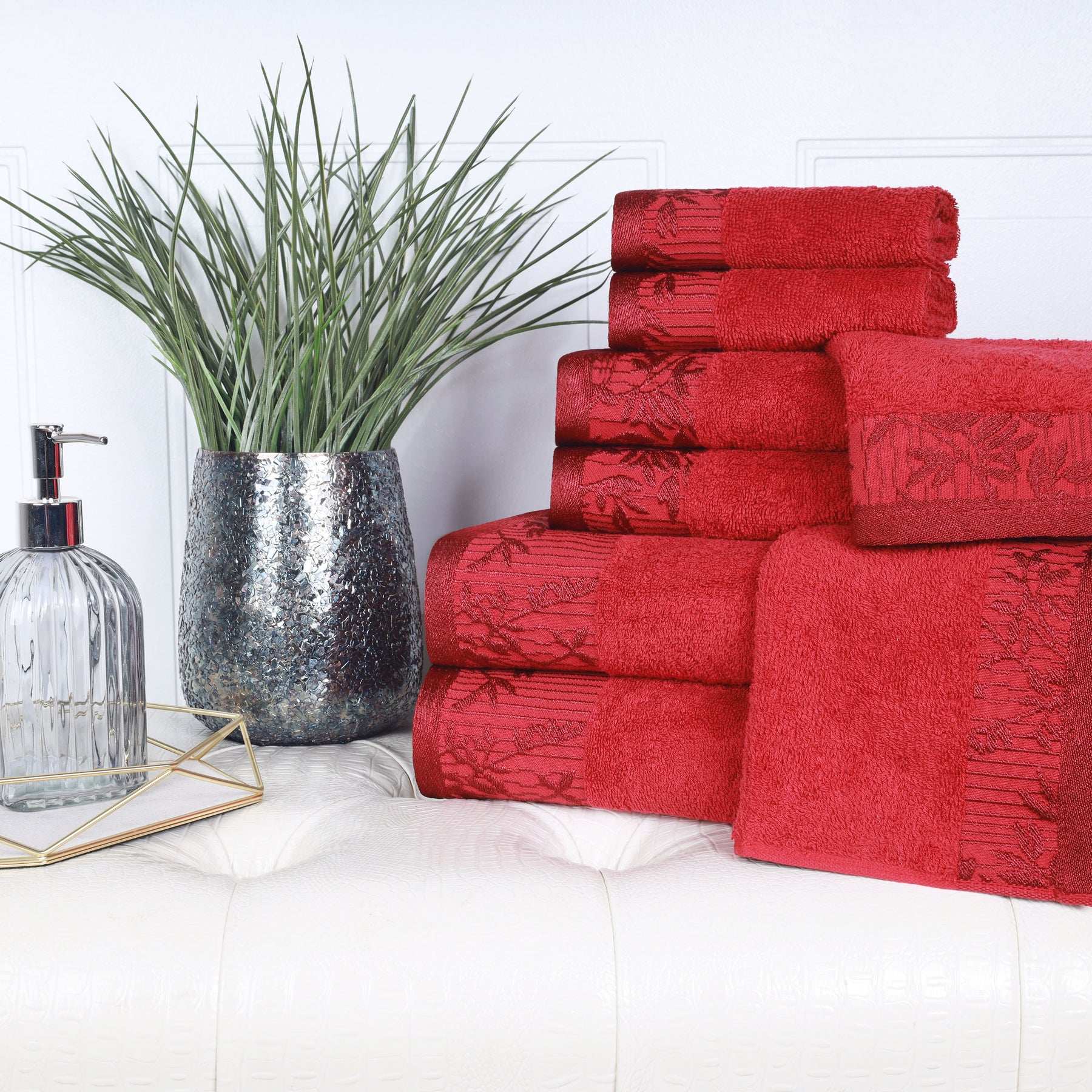 Superior Wisteria Cotton Floral Jacquard 8 Piece Towel Set - Garnet