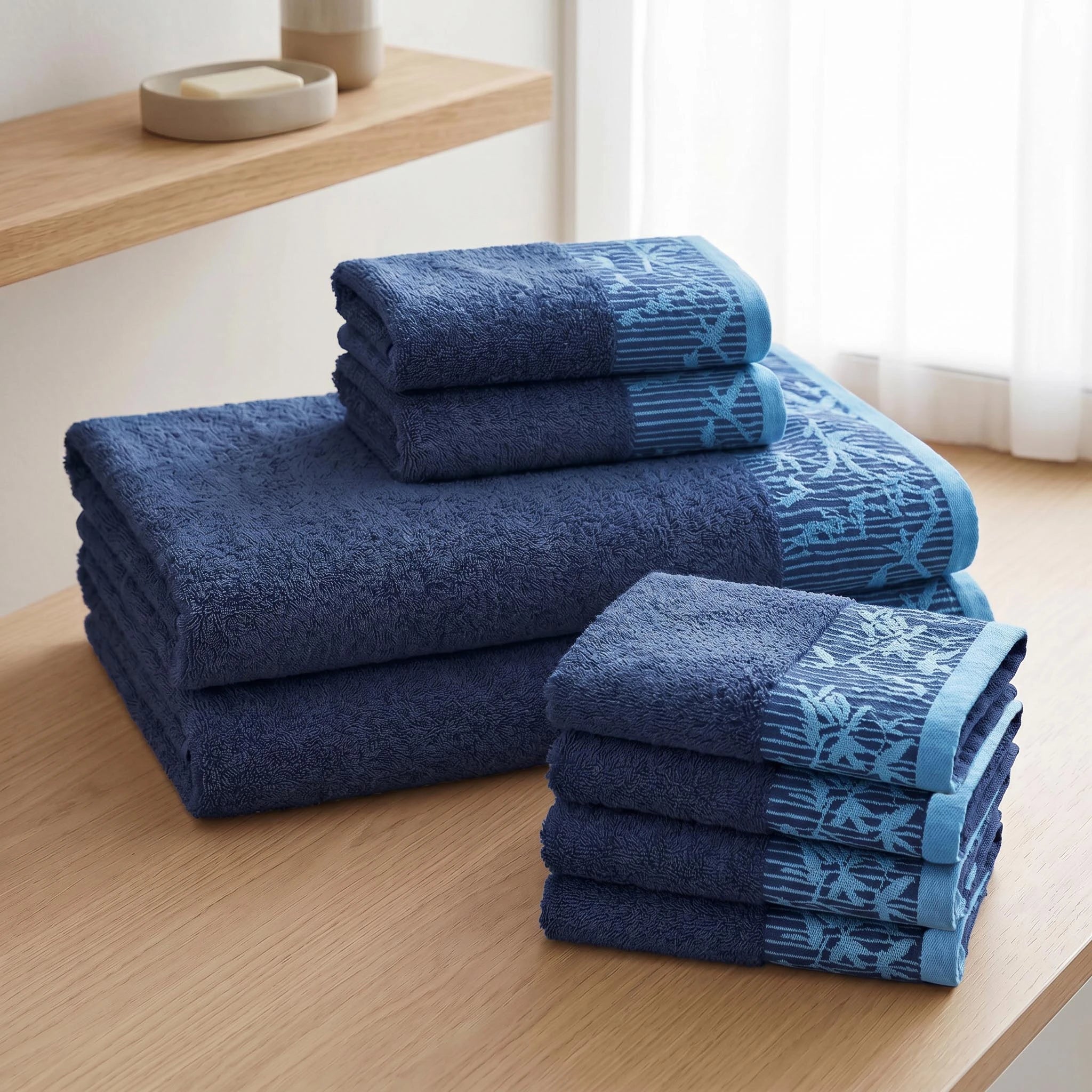 Wisteria Floral Jacquard 8-Piece Cotton Towel Set – Medium Weight Bathroom Towels