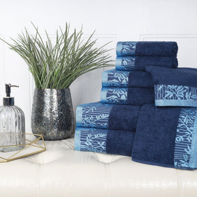 Superior Wisteria Cotton Floral Jacquard 8 Piece Towel Set - Navy Blue