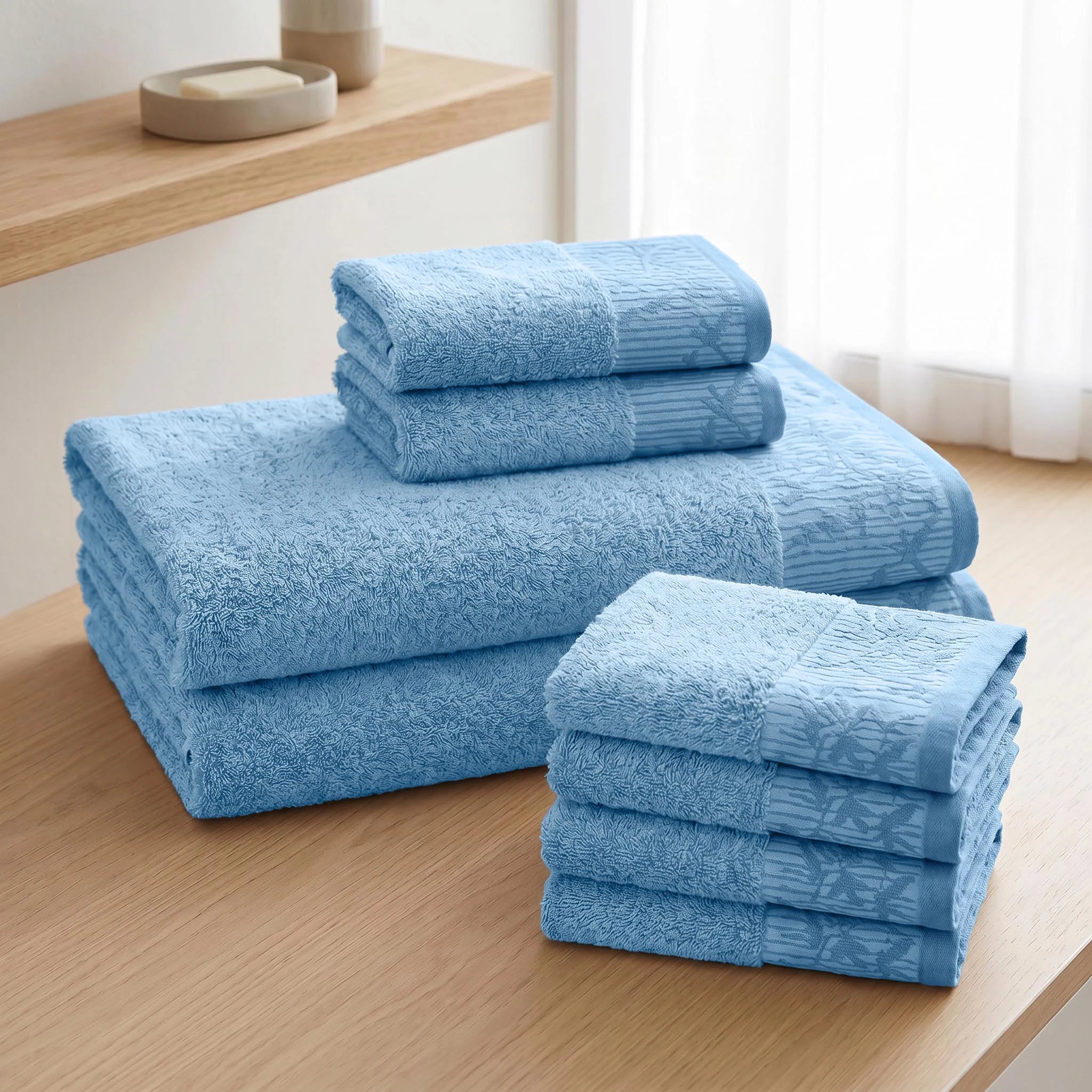 Wisteria Floral Jacquard 8-Piece Cotton Towel Set – Medium Weight Bathroom Towels