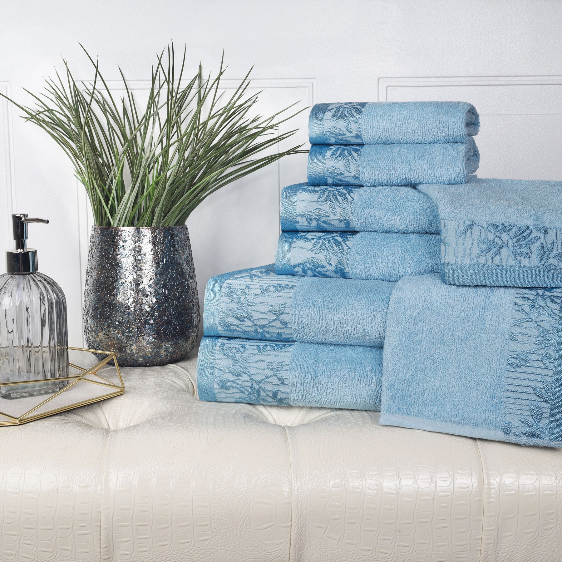 Superior Wisteria Cotton Floral Jacquard 8 Piece Towel Set -Waterfall