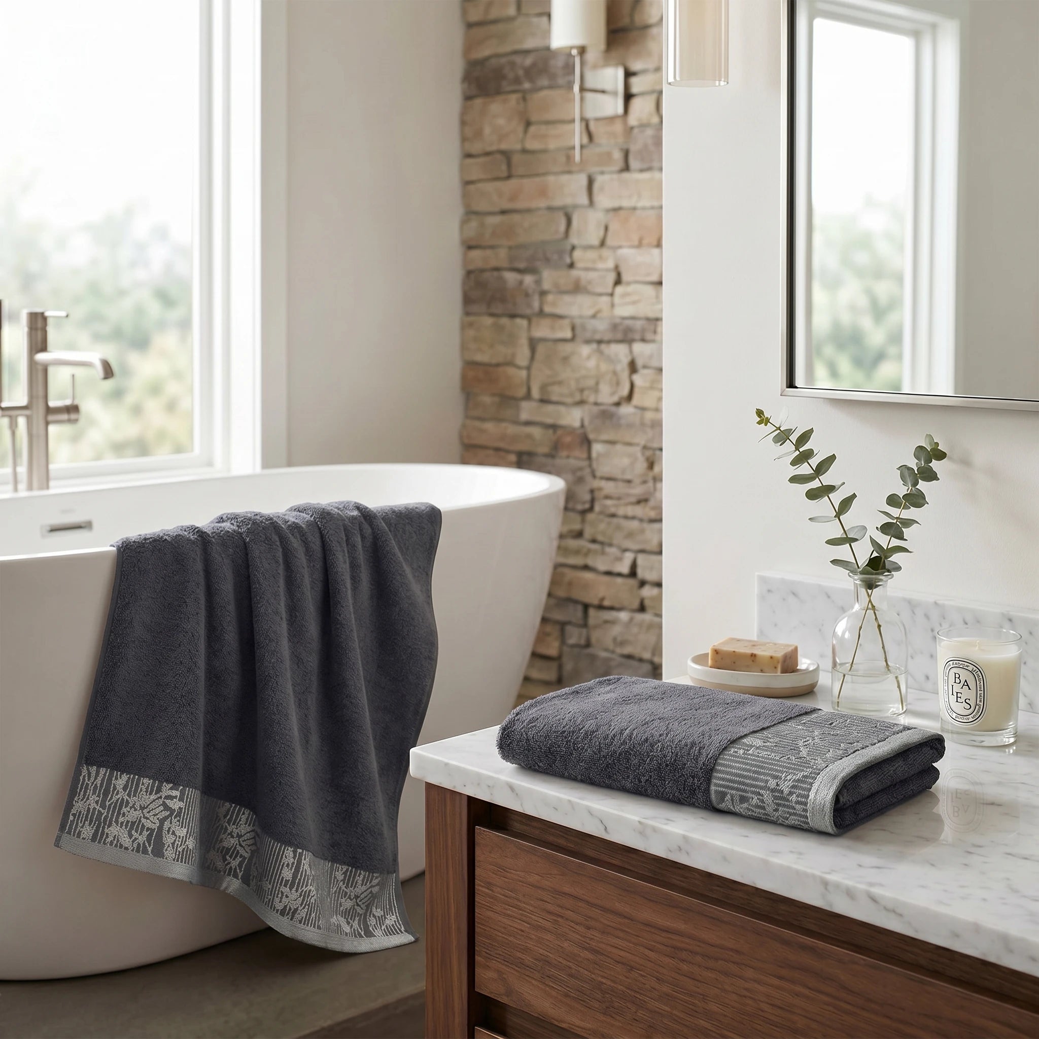 Wisteria Floral Jacquard Cotton Bath Towels – Absorbent Medium Weight Full Body Towels